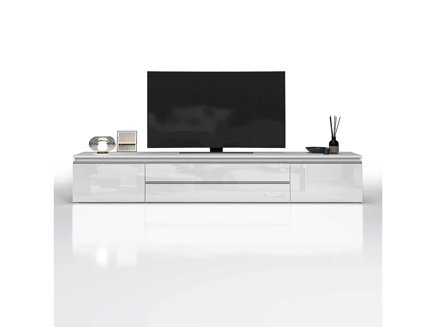 Mobile porta tv Magic a 2 ante e 2 cassetti bianco lucido 240x40x40 cm