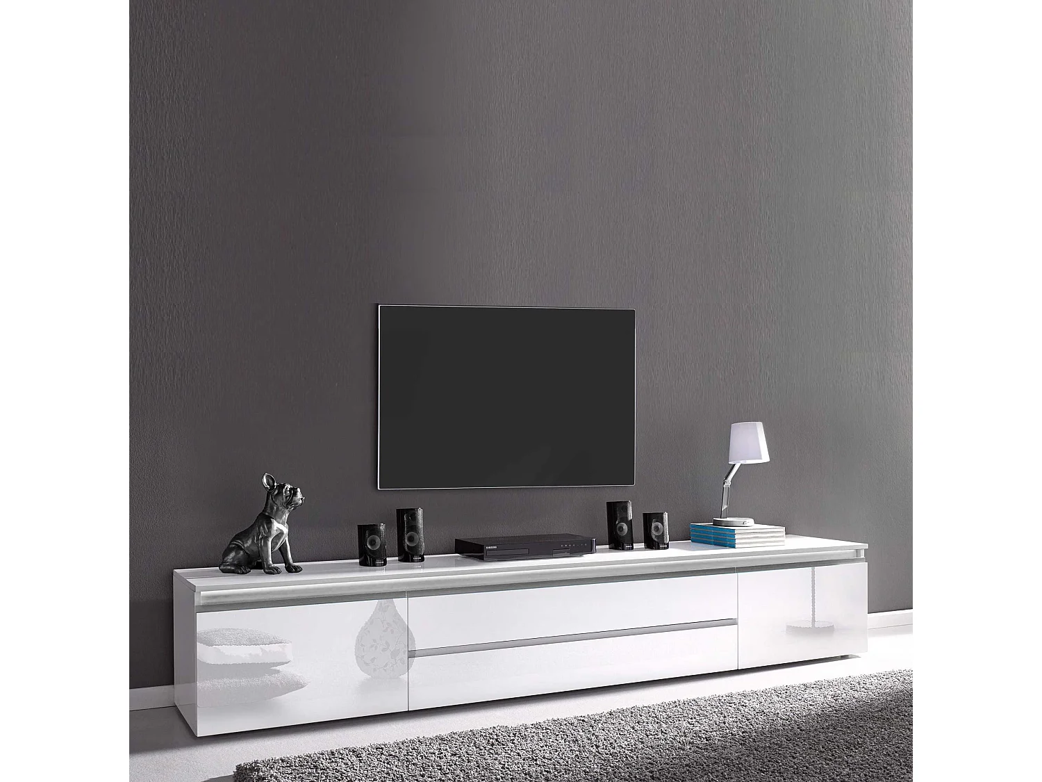 Mobile porta tv Magic a 2 ante e 2 cassetti bianco lucido 240x40x40 cm