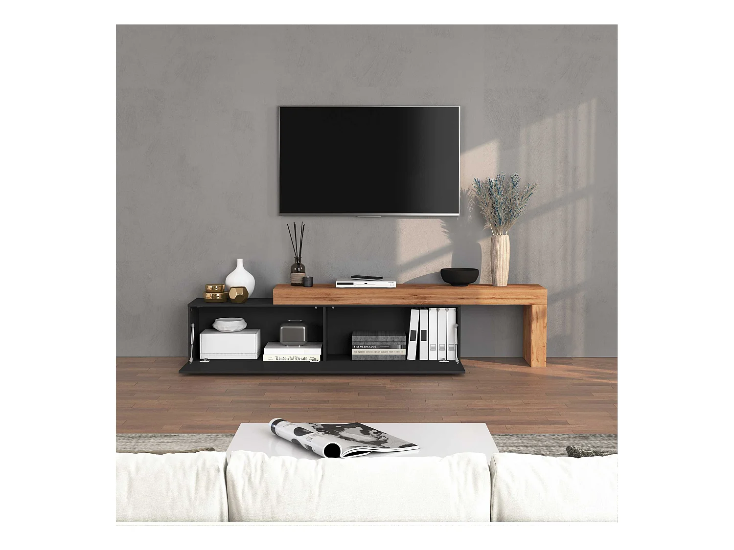 Mobile porta tv Chronos estensibile con 1 anta a ribalta antracite/rovere 190/350x40x51 cm