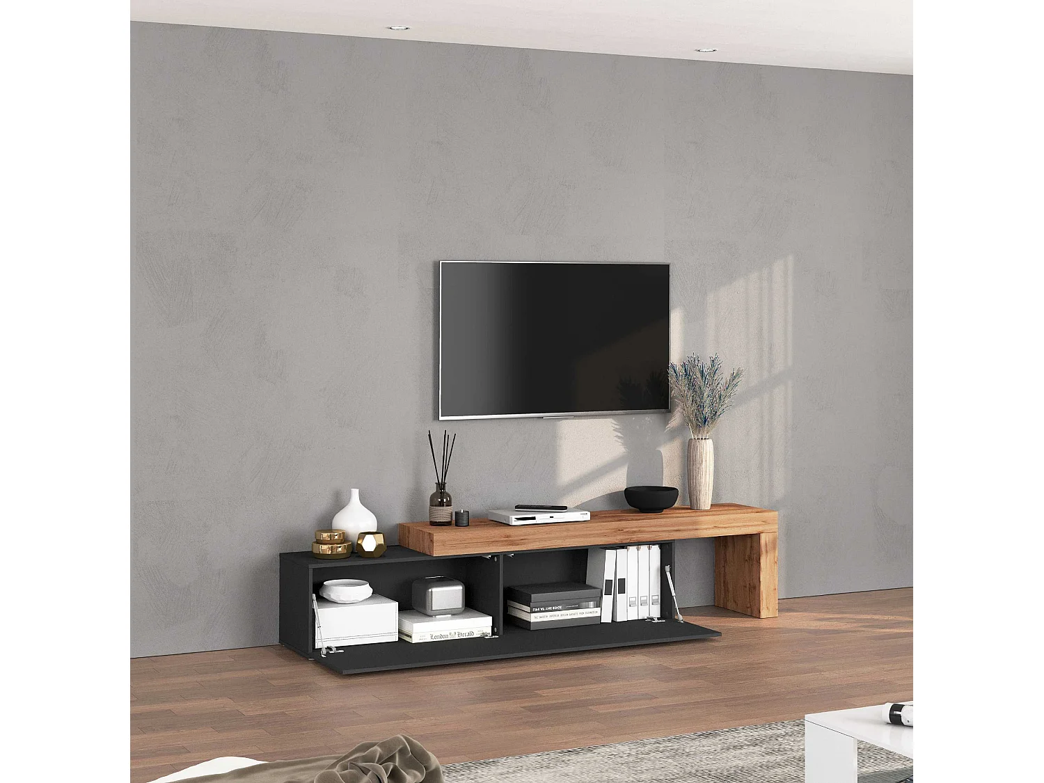 Mobile porta tv Chronos estensibile con 1 anta a ribalta antracite/rovere 190/350x40x51 cm