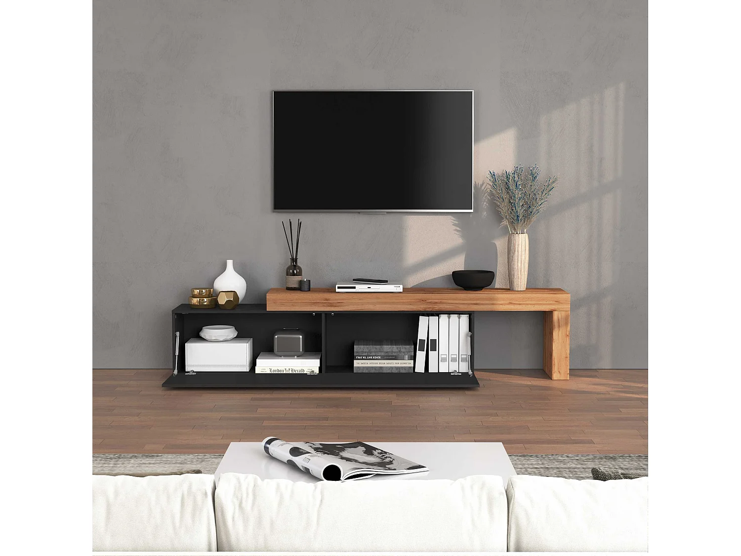 Mobile porta tv Chronos estensibile con 1 anta a ribalta antracite/rovere 190/350x40x51 cm