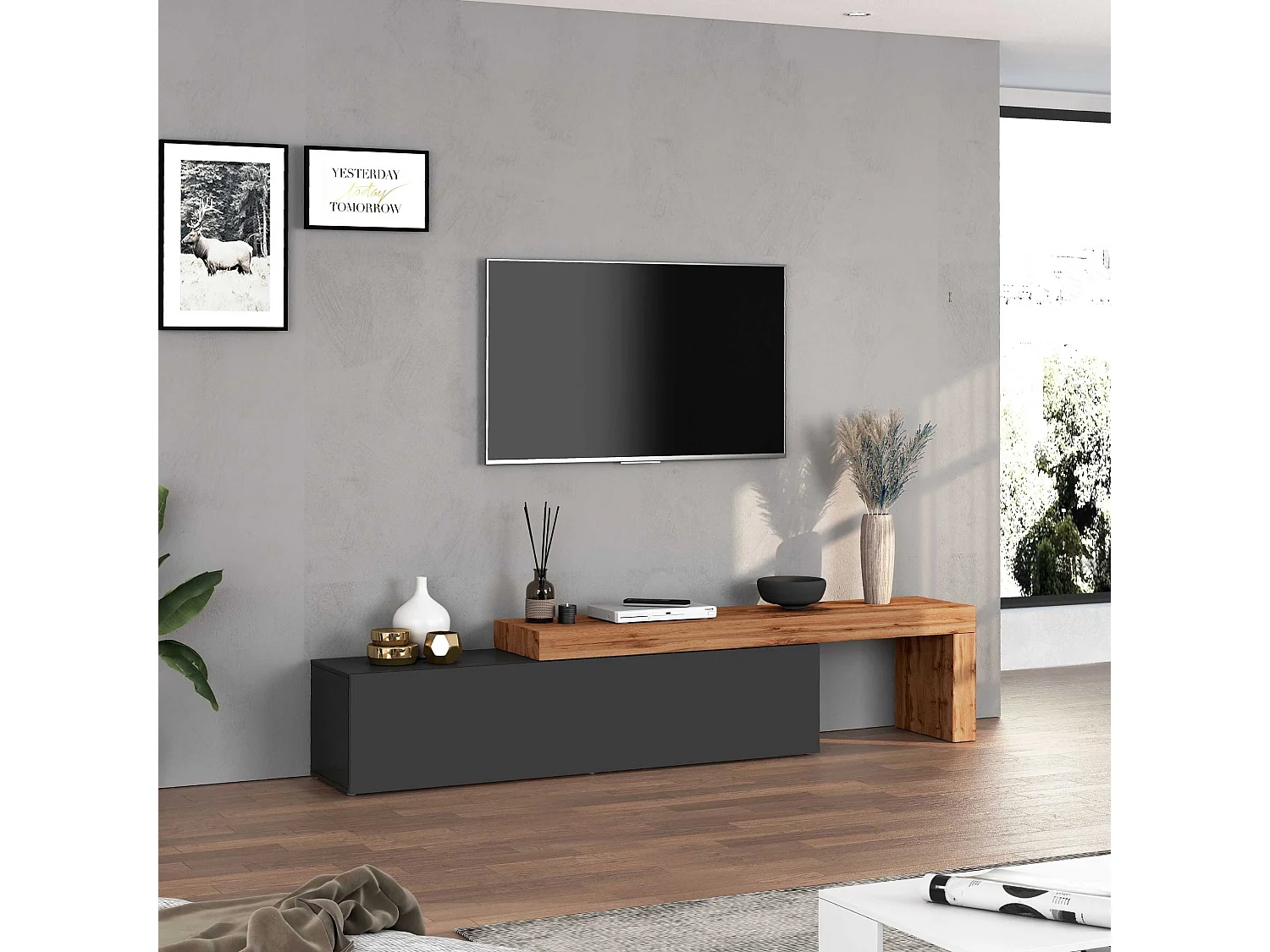 Mobile porta tv Chronos estensibile con 1 anta a ribalta antracite/rovere 190/350x40x51 cm