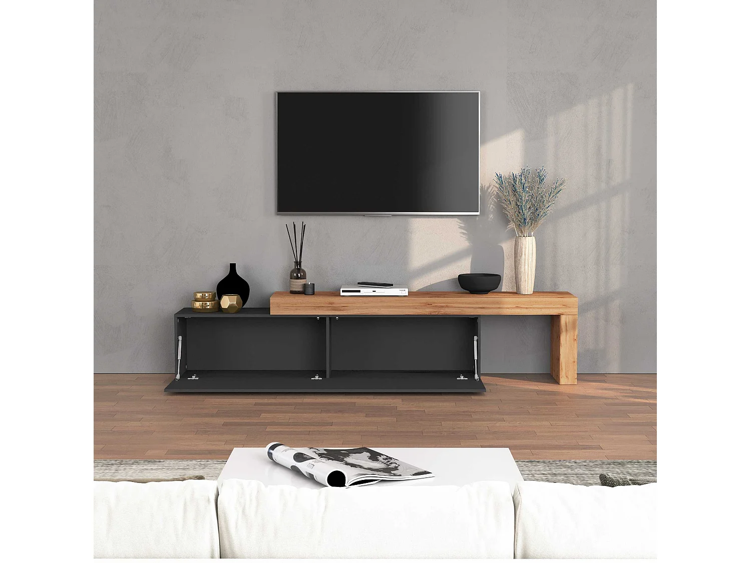 Mobile porta tv Chronos estensibile con 1 anta a ribalta antracite/rovere 190/350x40x51 cm