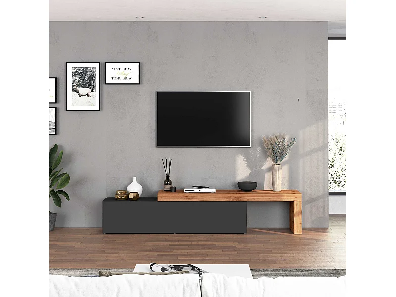 Mobile porta tv Chronos estensibile con 1 anta a ribalta antracite/rovere 190/350x40x51 cm