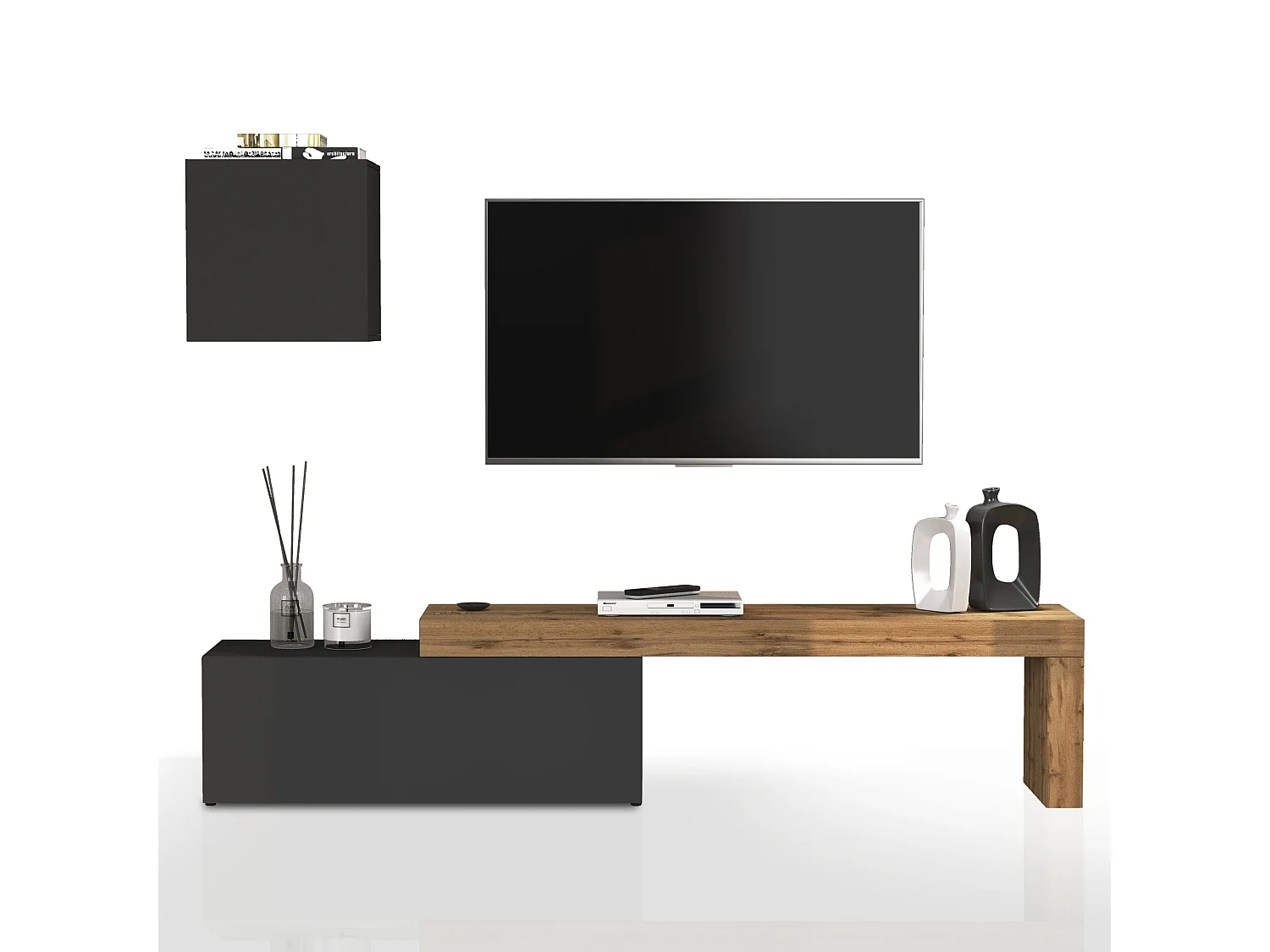 Conjunto de mueble de TV Chronos para salón en gris antracita mate y roble 180/290x40 cm