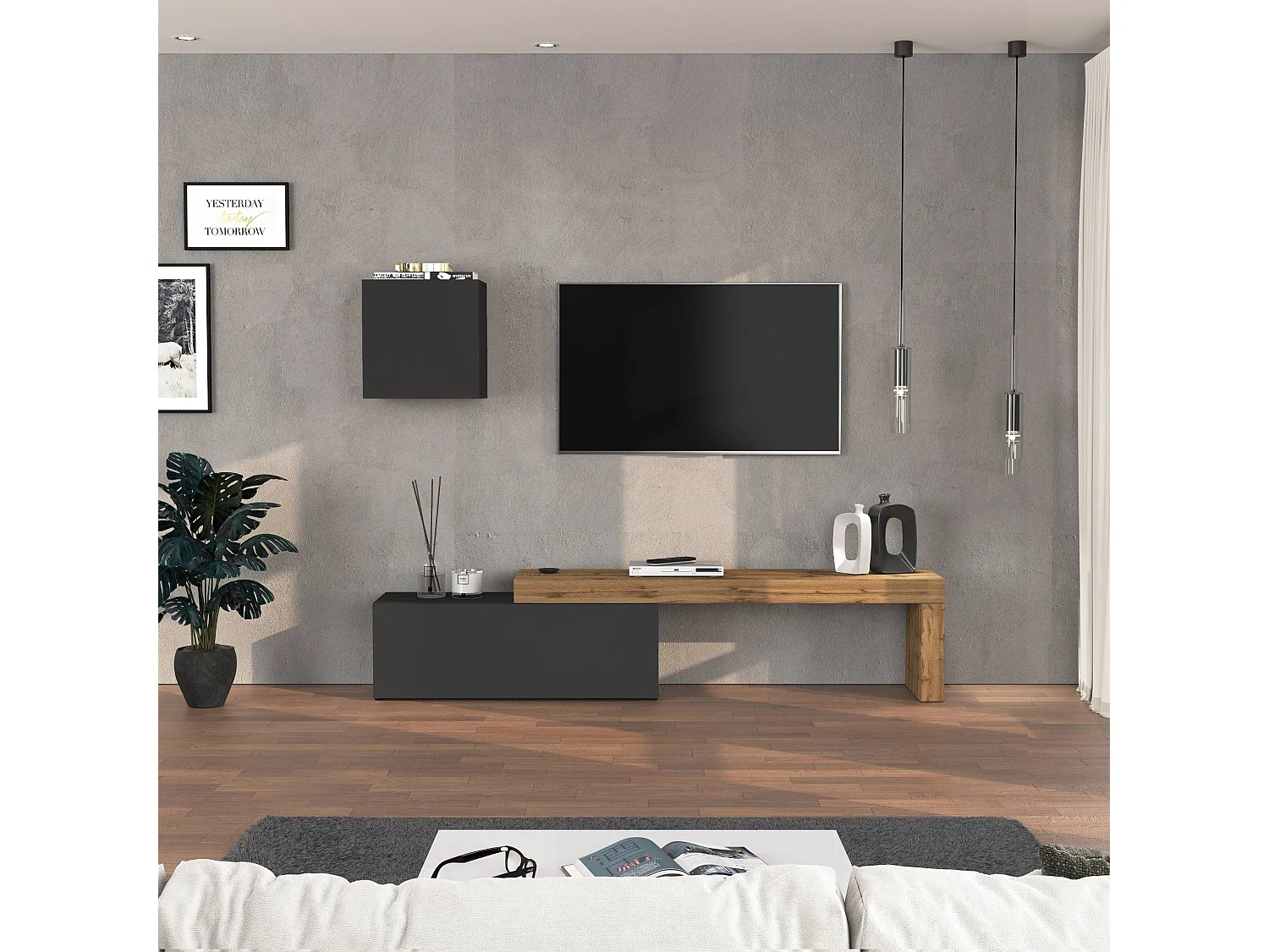 Conjunto de mueble de TV Chronos para salón en gris antracita mate y roble 180/290x40 cm