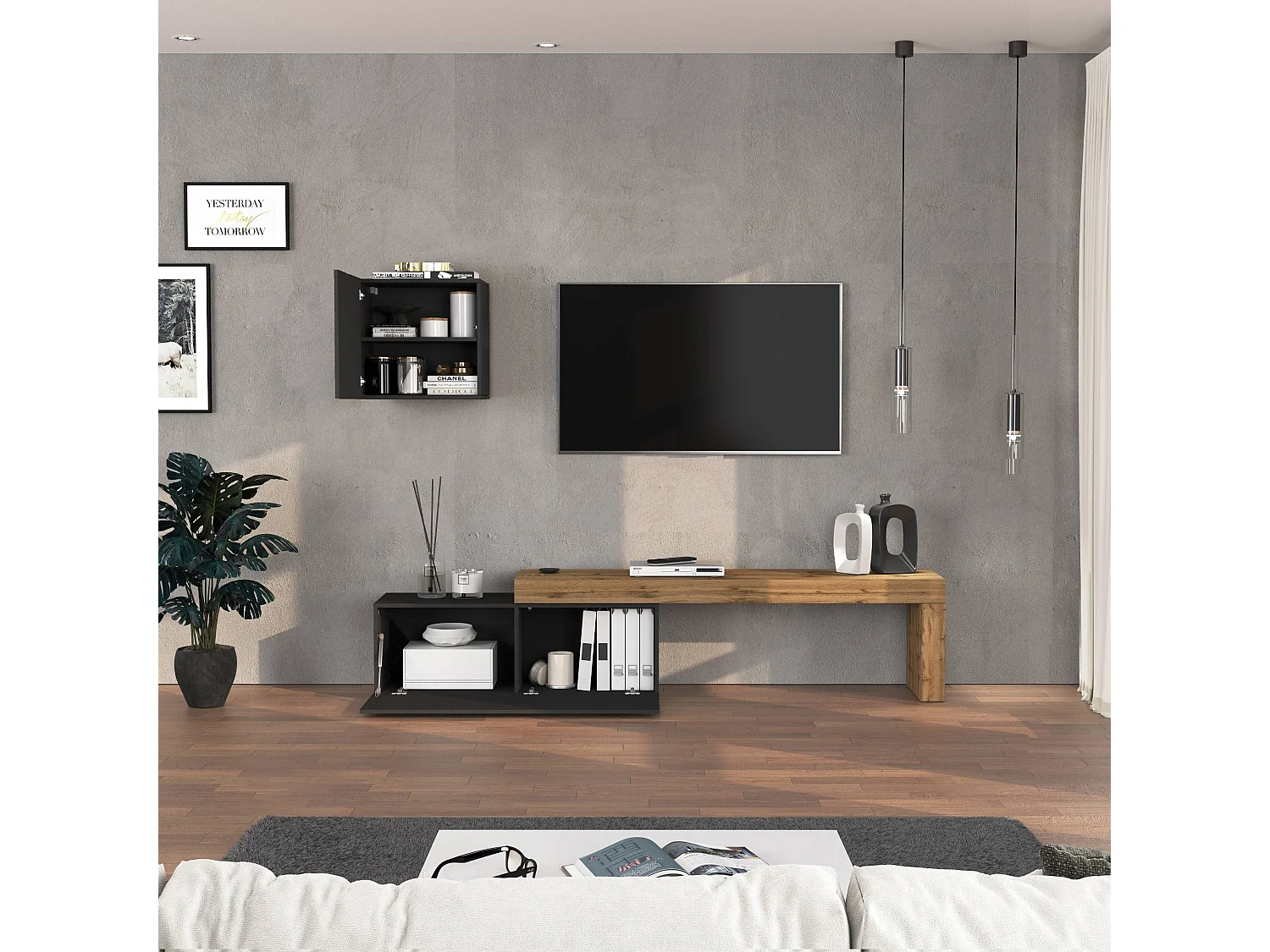 Conjunto de mueble de TV Chronos para salón en gris antracita mate y roble 180/290x40 cm
