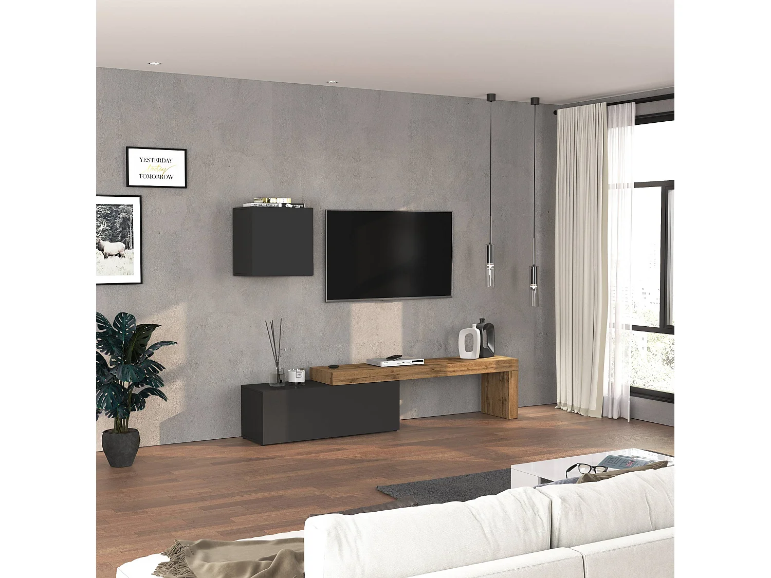Conjunto de mueble de TV Chronos para salón en gris antracita mate y roble 180/290x40 cm