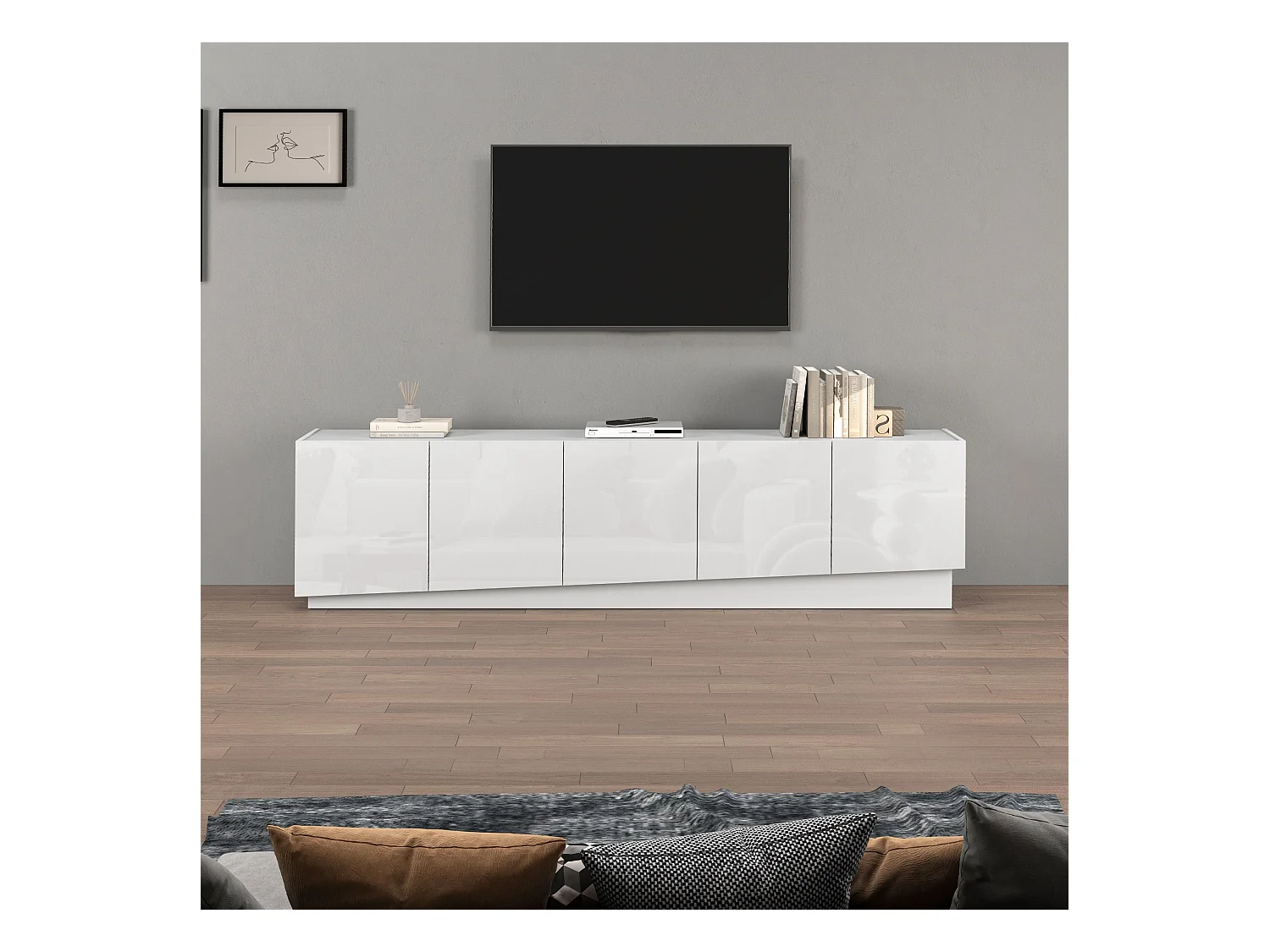 Mobile porta TV Vela con 5 ante colore bianco lucido 225x35x60,4 cm