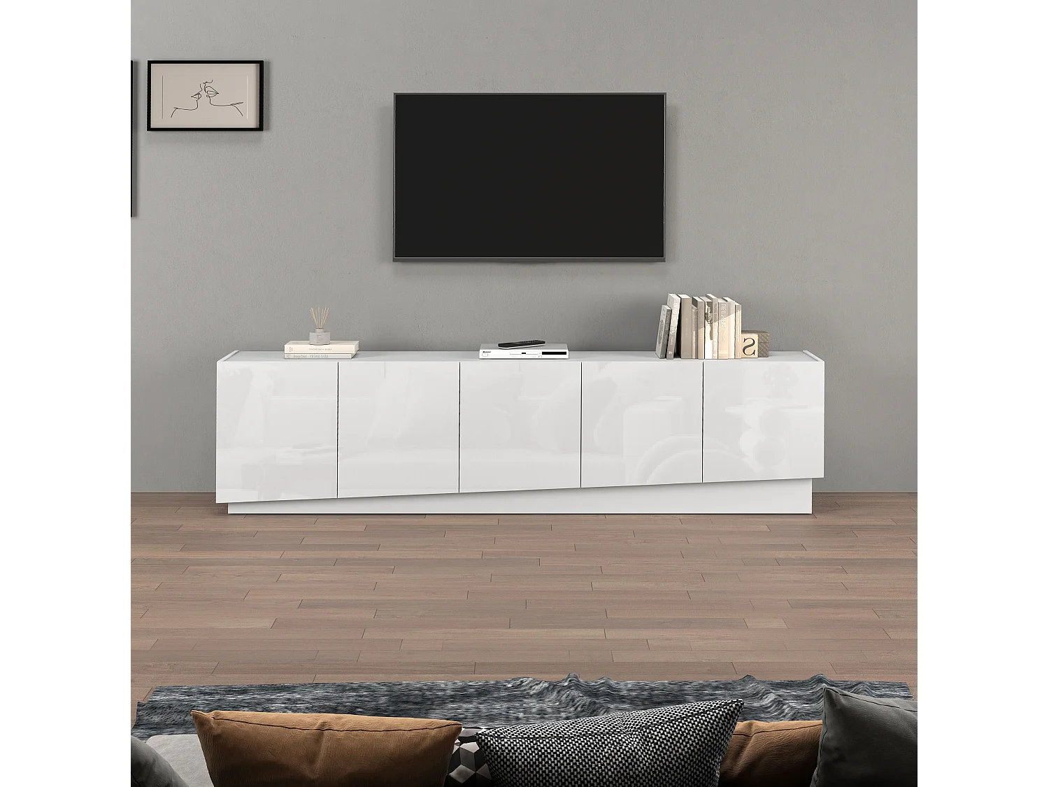Mueble TV Vela con 5 puertas en color blanco brillo 225x35x60,4 cm