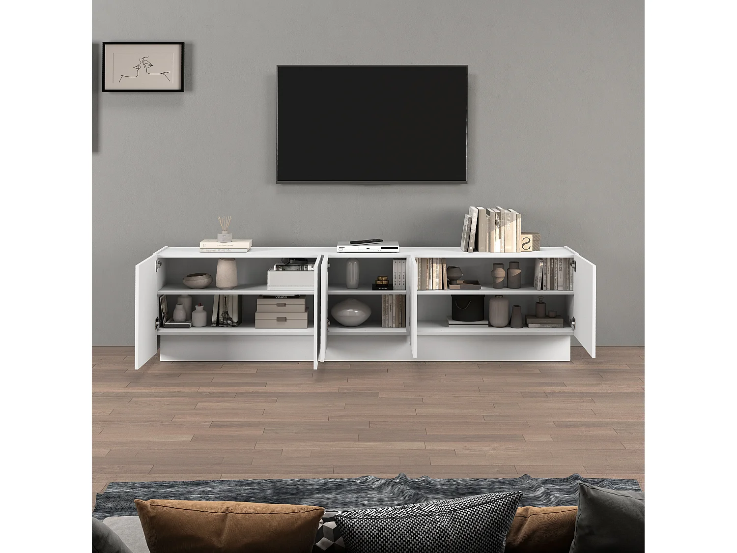 Mueble TV Vela con 5 puertas en color blanco brillo 225x35x60,4 cm