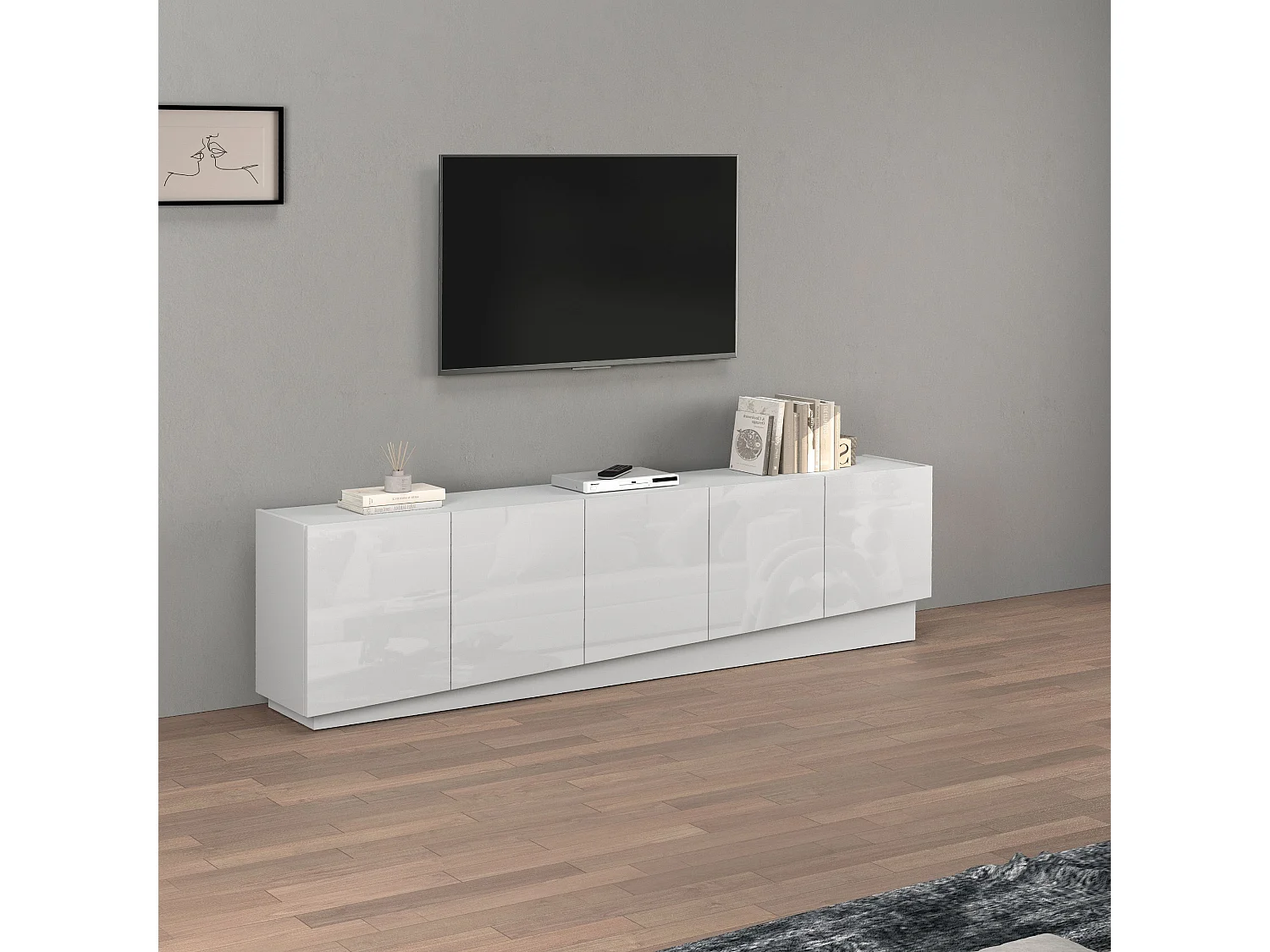 Mueble TV Vela con 5 puertas en color blanco brillo 225x35x60,4 cm
