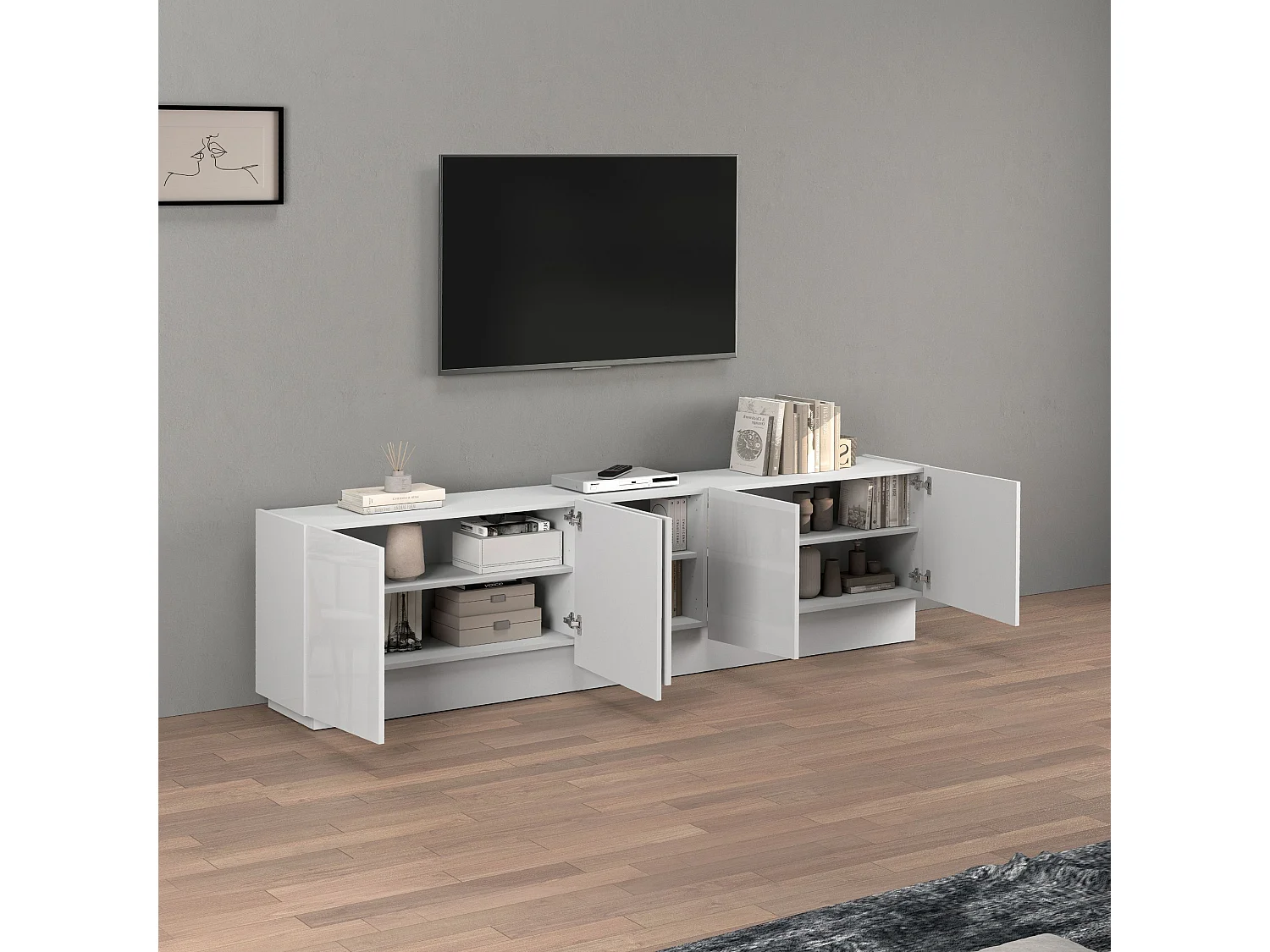 Mueble TV Vela con 5 puertas en color blanco brillo 225x35x60,4 cm