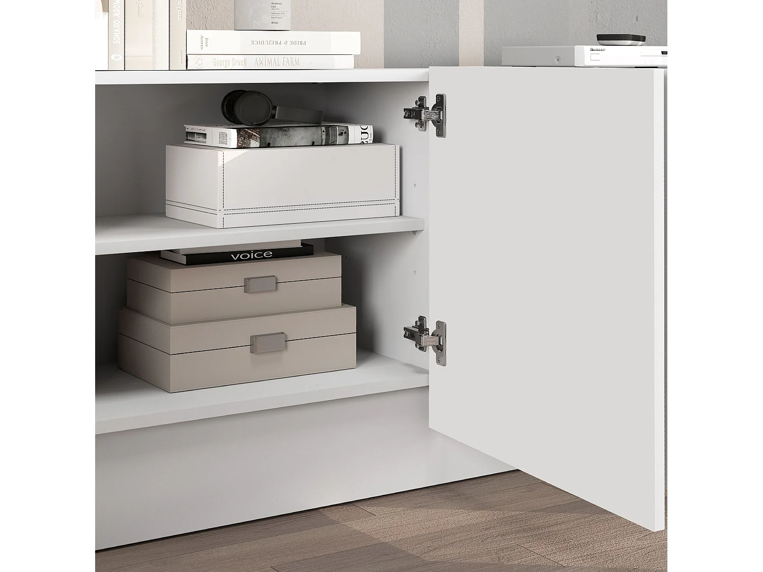 Mueble TV Vela con 5 puertas en color blanco brillo 225x35x60,4 cm