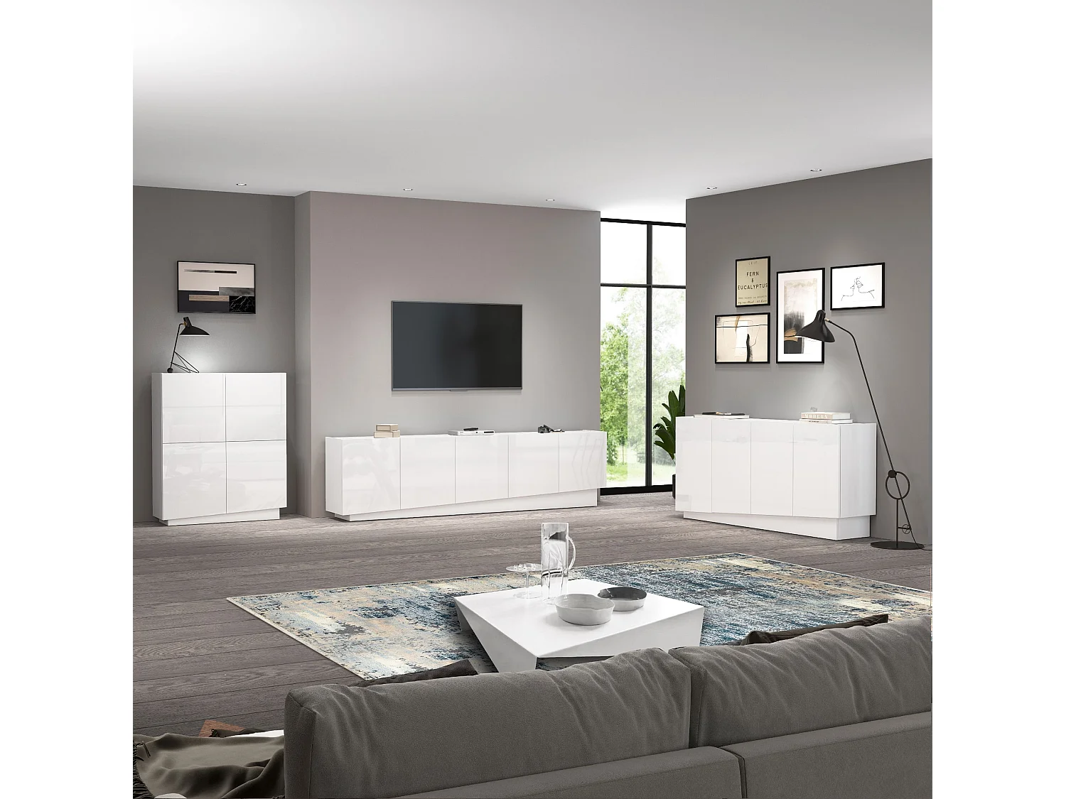 Mueble TV Vela con 5 puertas en color blanco brillo 225x35x60,4 cm