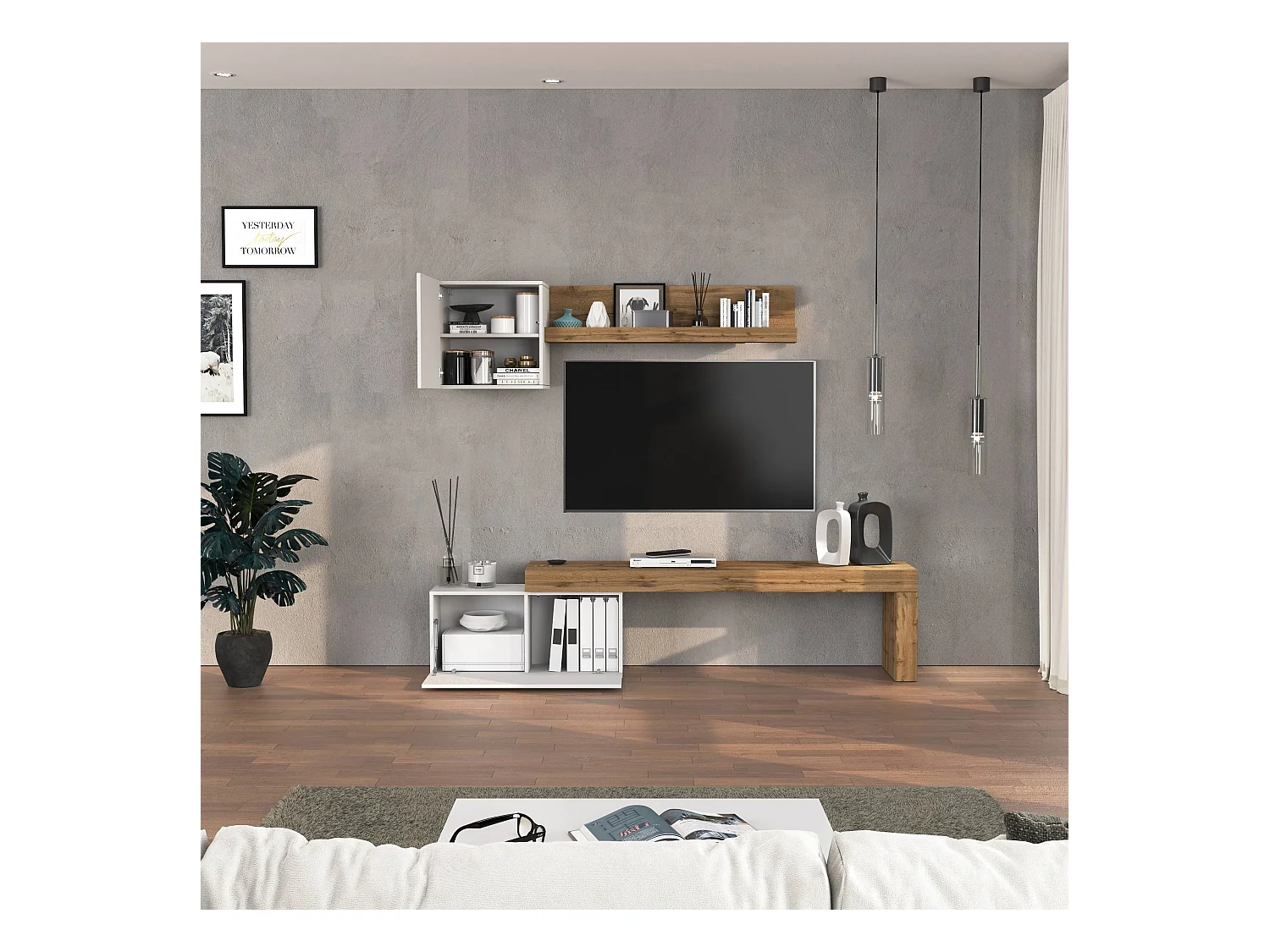 Parete attrezzata Chronos set soggiorno bianco lucido e rovere 180/260x40 cm