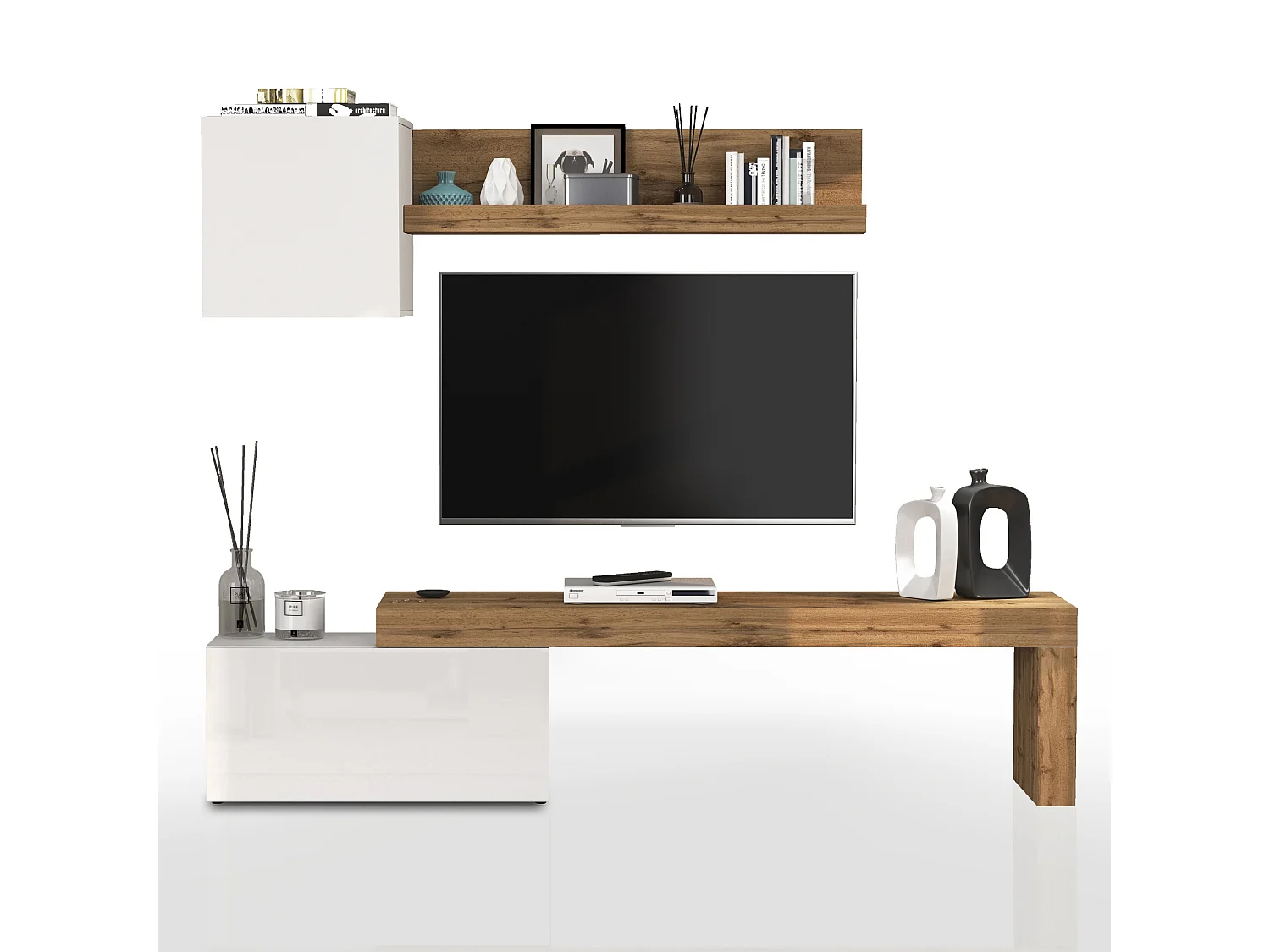 Conjunto de mueble de TV Chronos en blanco brillo y roble 180/260x40 cm