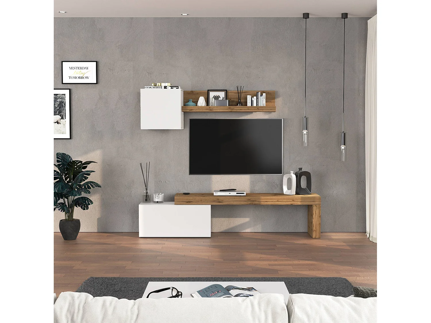 Conjunto de mueble de TV Chronos en blanco brillo y roble 180/260x40 cm