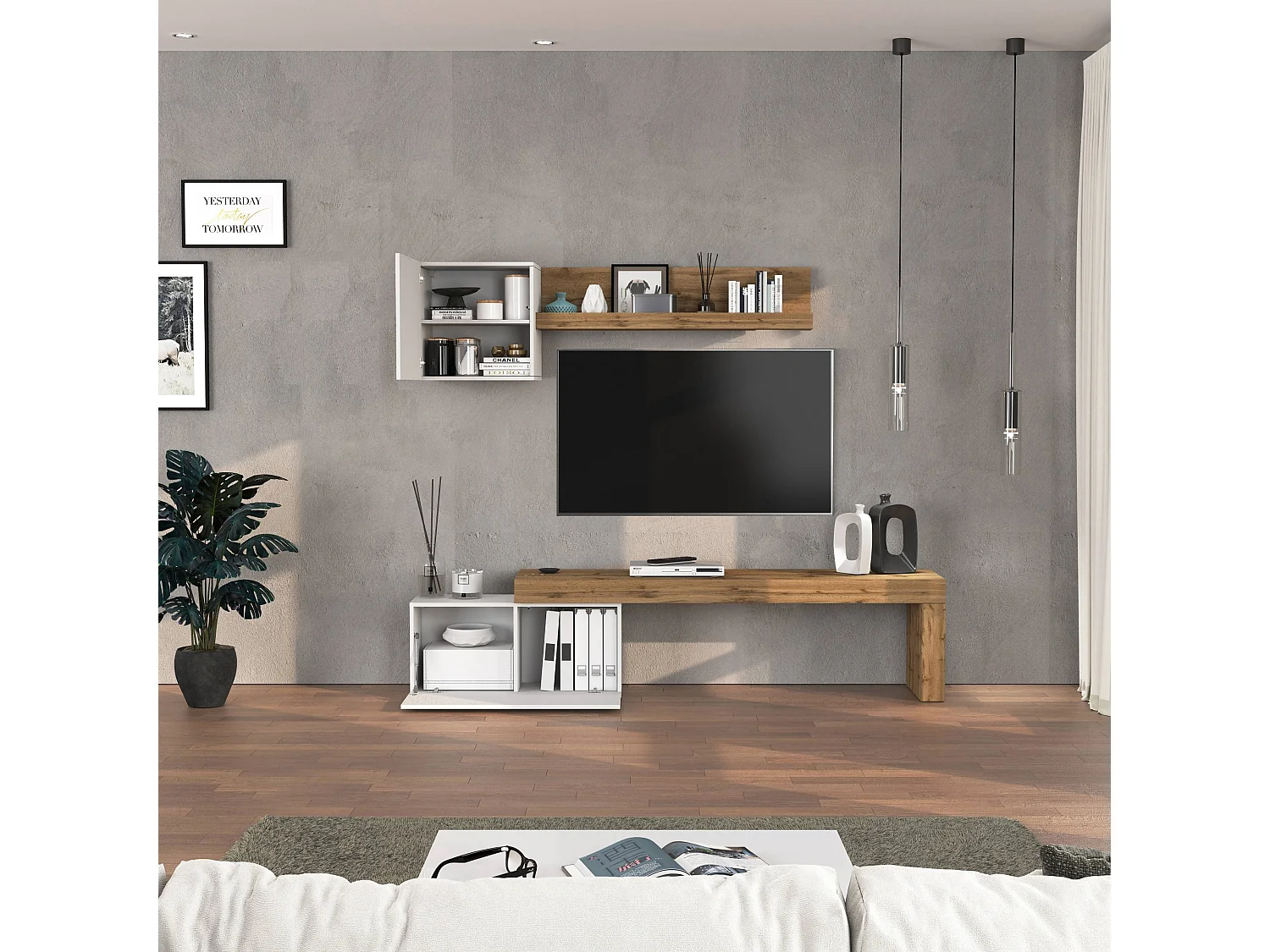 Conjunto de mueble de TV Chronos en blanco brillo y roble 180/260x40 cm