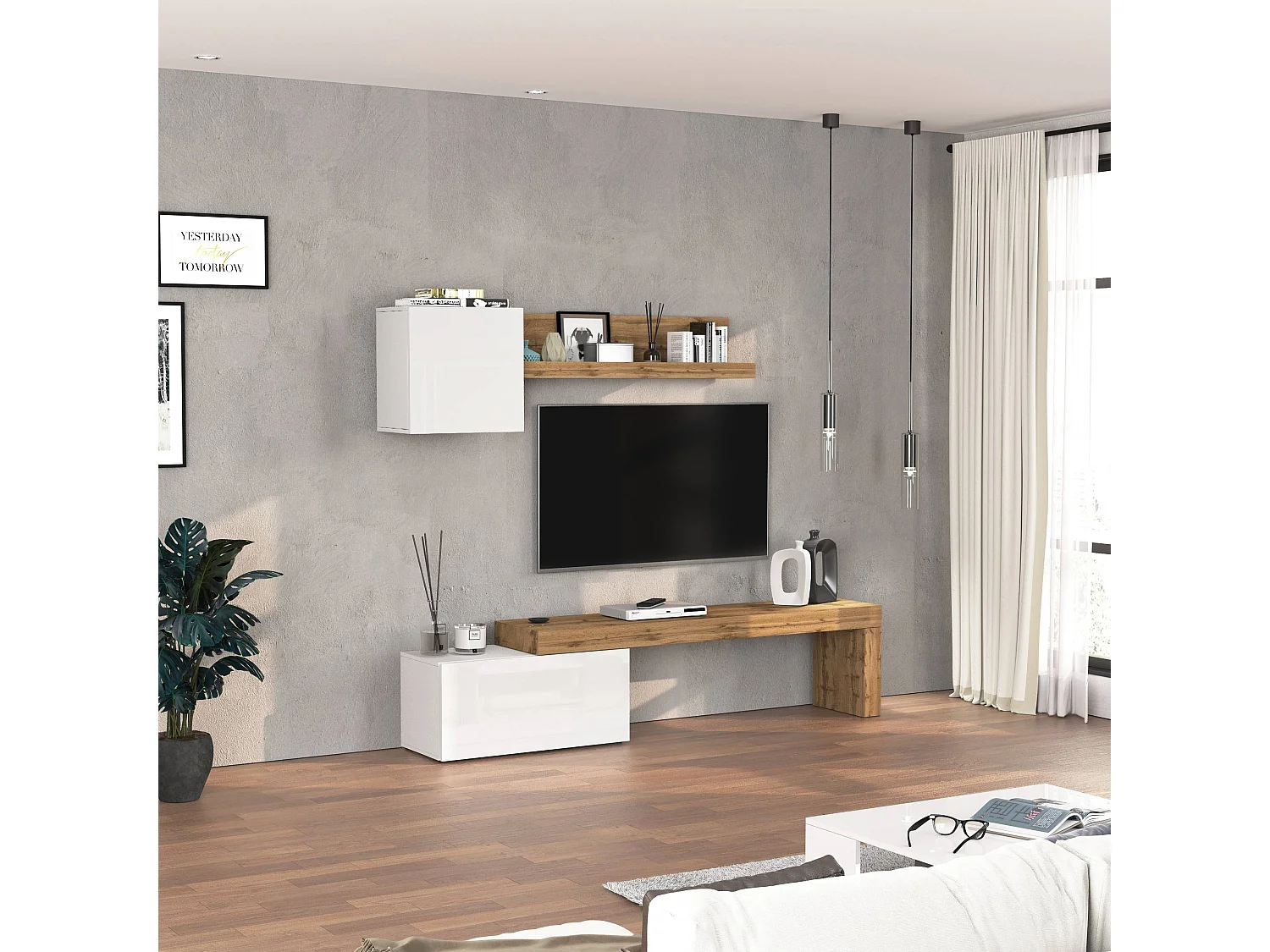 Conjunto de mueble de TV Chronos en blanco brillo y roble 180/260x40 cm