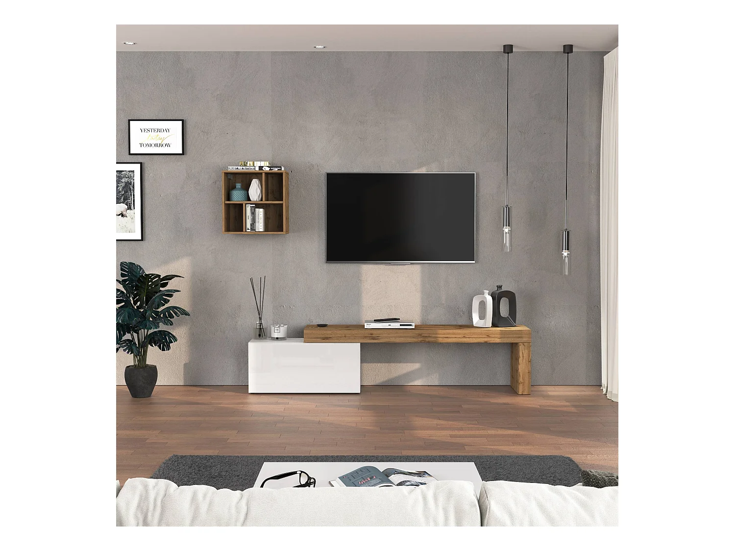 Parete attrezzata Chronos set soggiorno bianco lucido e rovere 180/260x40 cm