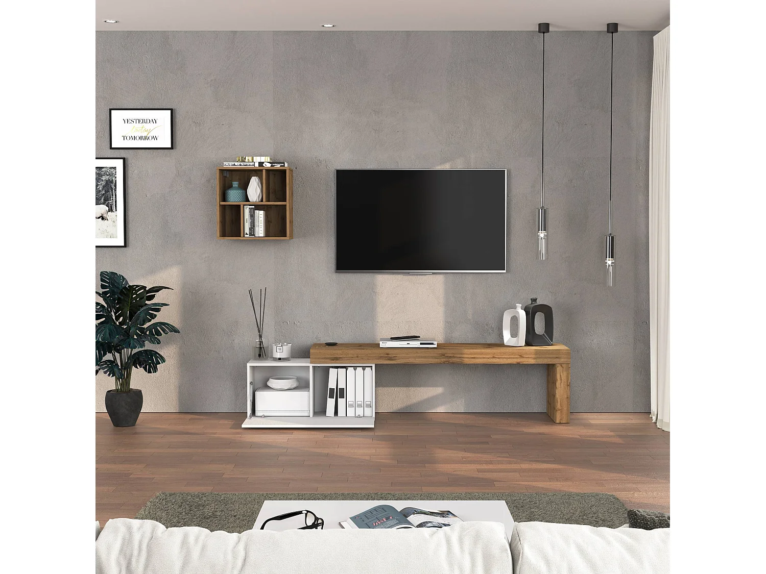 Parete attrezzata Chronos set soggiorno bianco lucido e rovere 180/260x40 cm