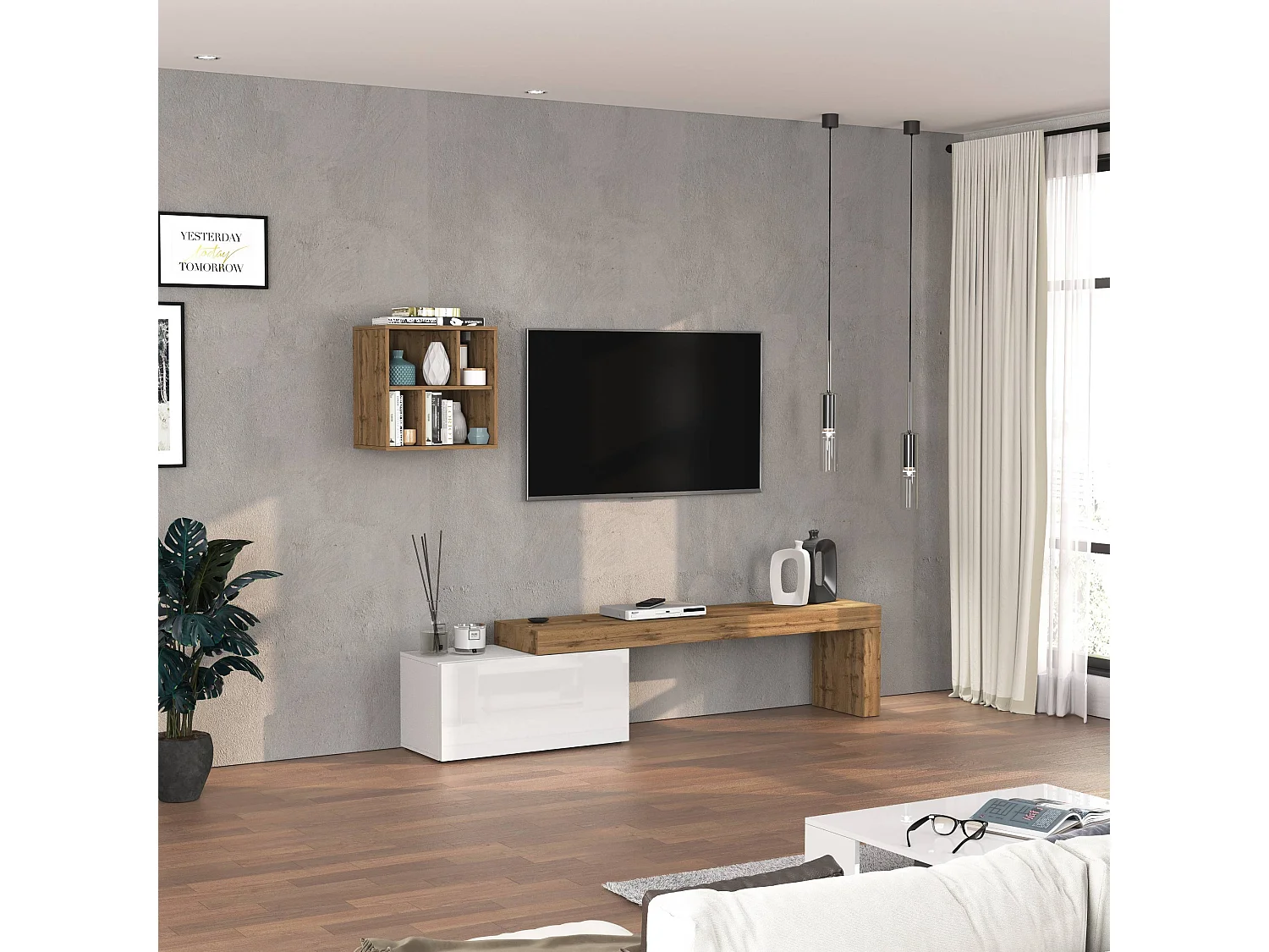 Parete attrezzata Chronos set soggiorno bianco lucido e rovere 180/260x40 cm