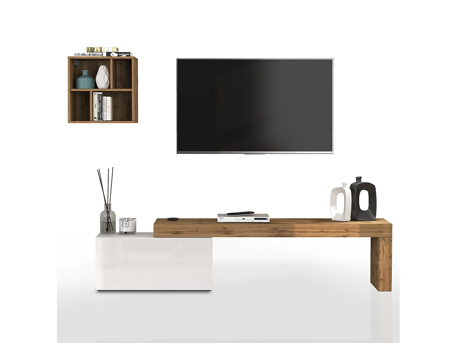 Parete attrezzata Chronos set soggiorno bianco lucido e rovere 180/260x40 cm