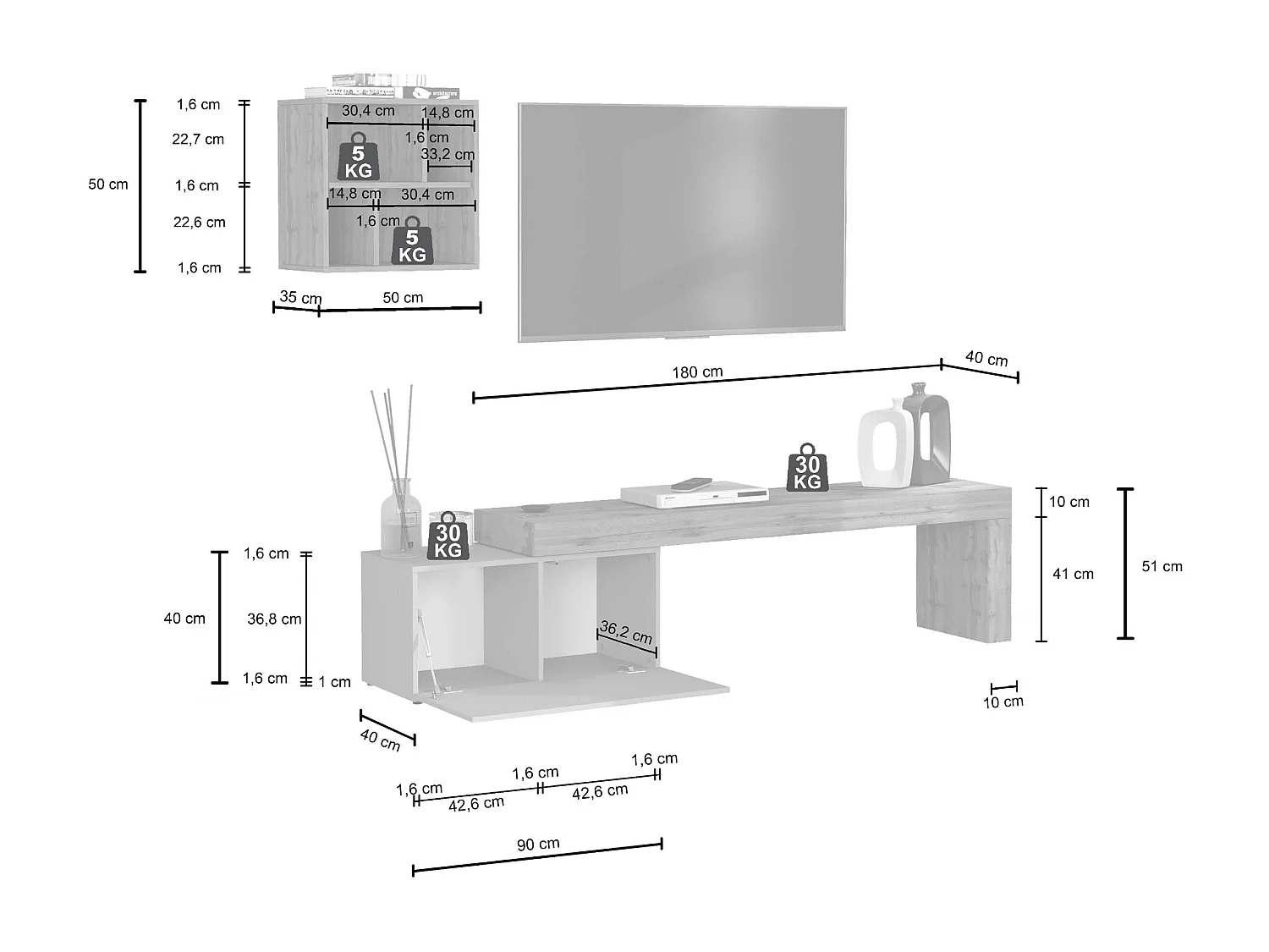 Parete attrezzata Chronos set soggiorno bianco lucido e rovere 180/260x40 cm