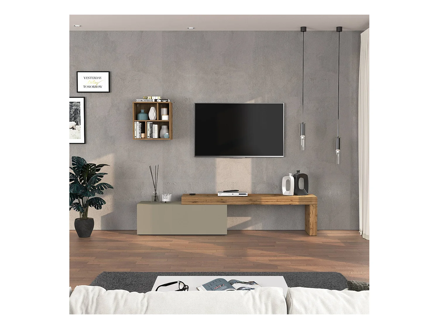 Parete attrezzata Chronos set soggiorno tortora opaco e rovere 180/290x40 cm