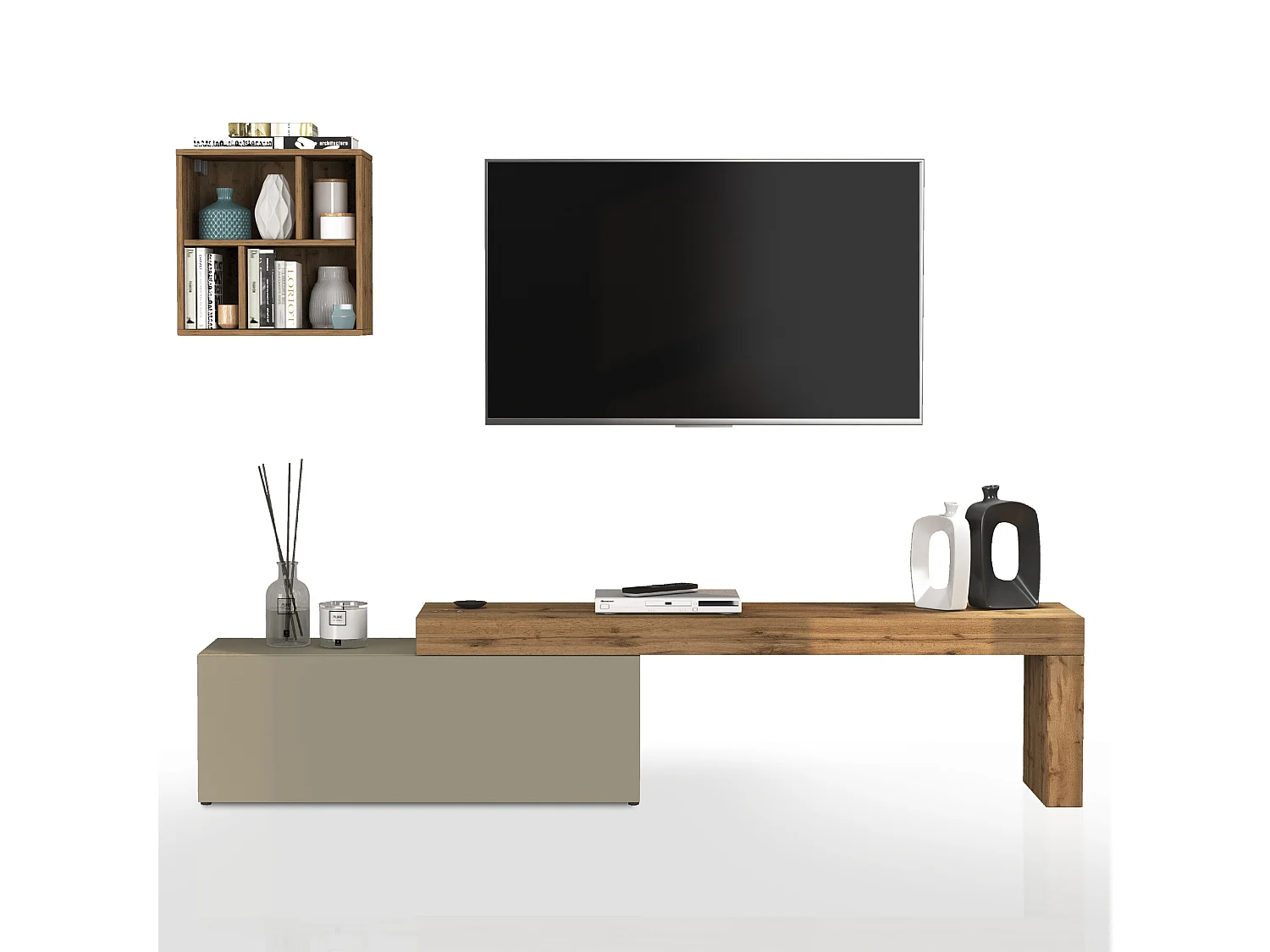 Conjunto de mueble de TV Chronos en topo mate y roble 180/290x40 cm