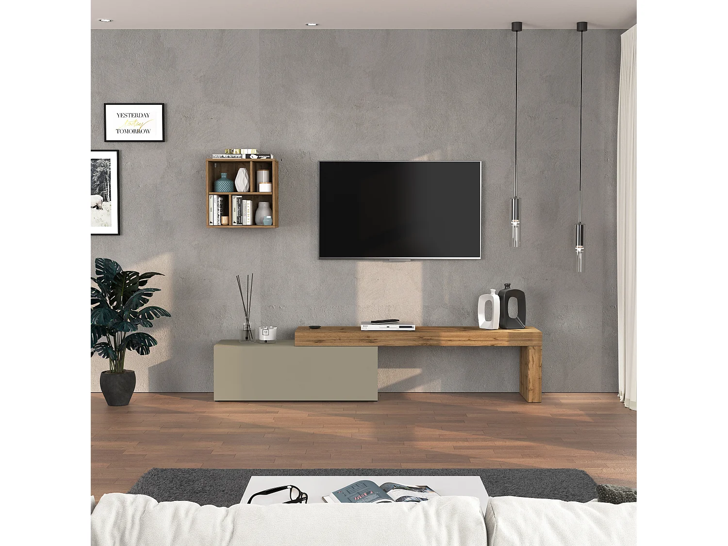 Conjunto de mueble de TV Chronos en topo mate y roble 180/290x40 cm