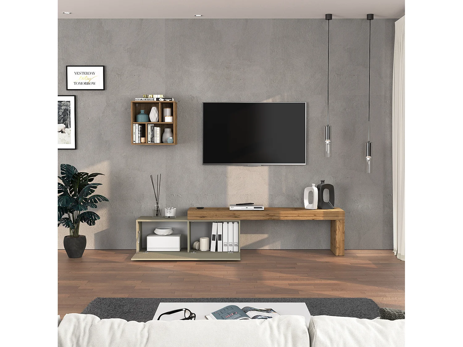 Conjunto de mueble de TV Chronos en topo mate y roble 180/290x40 cm