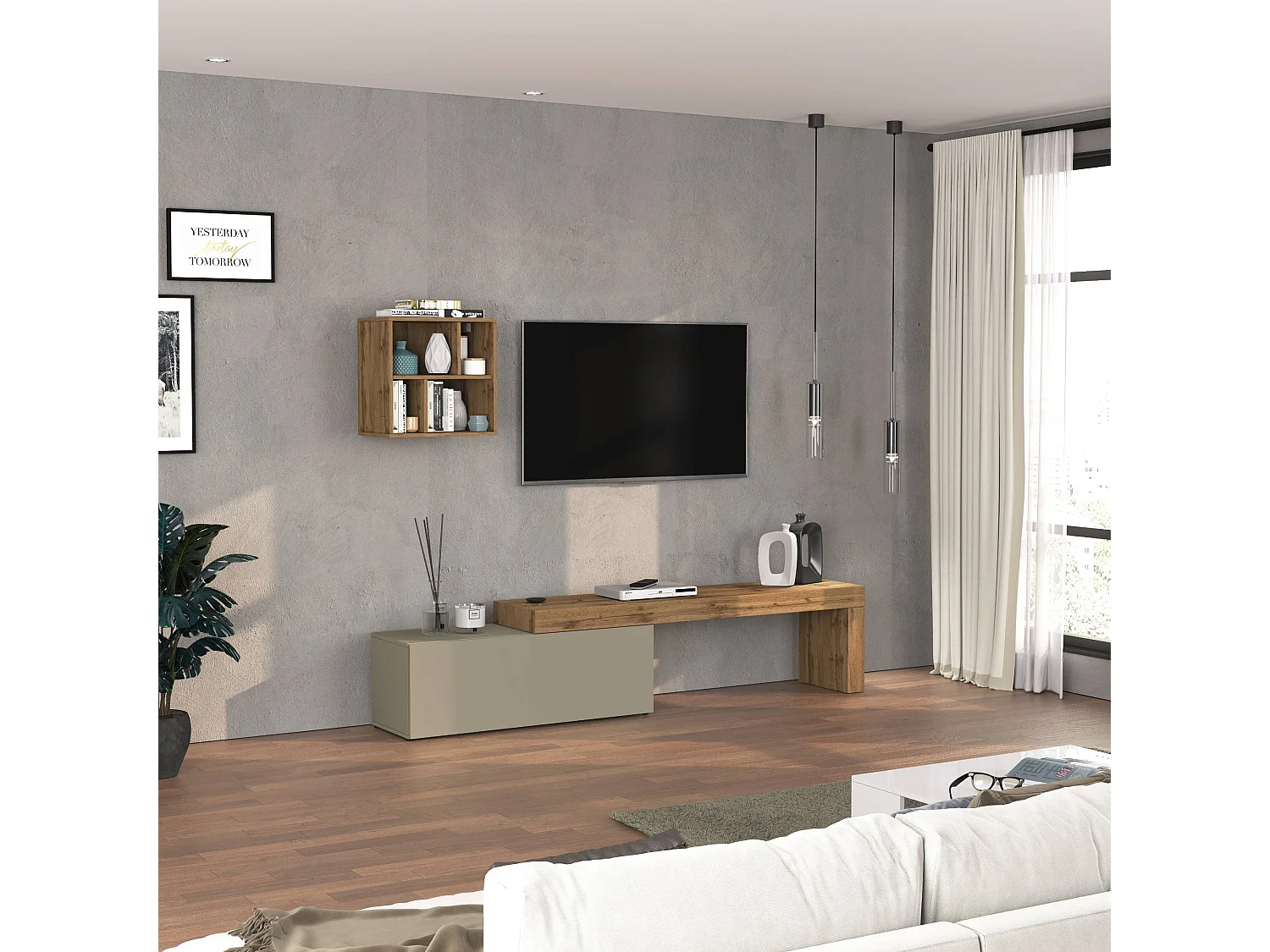Conjunto de mueble de TV Chronos en topo mate y roble 180/290x40 cm