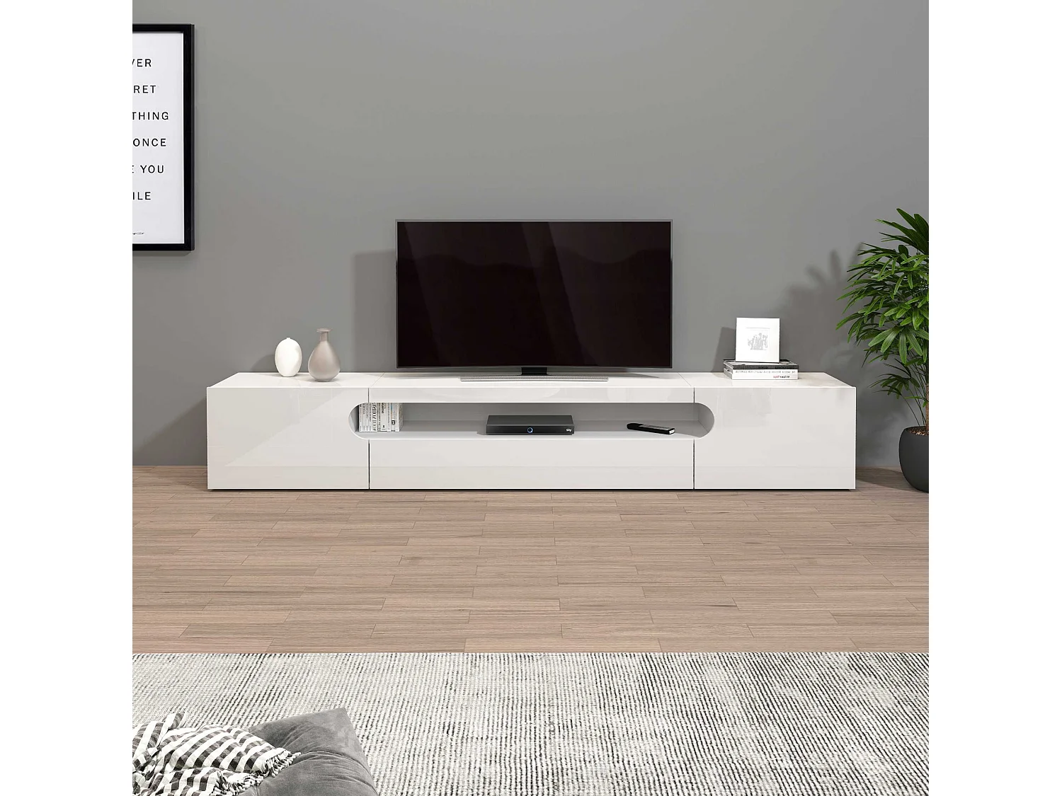 Mobile porta tv Real a 2 ante 1 ribalta e 1 vano aperto bianco lucido 240x40x40 cm