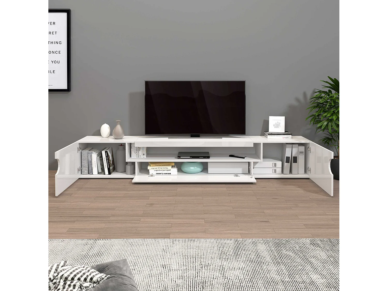 Mobile porta tv Real a 2 ante 1 ribalta e 1 vano aperto bianco lucido 240x40x40 cm