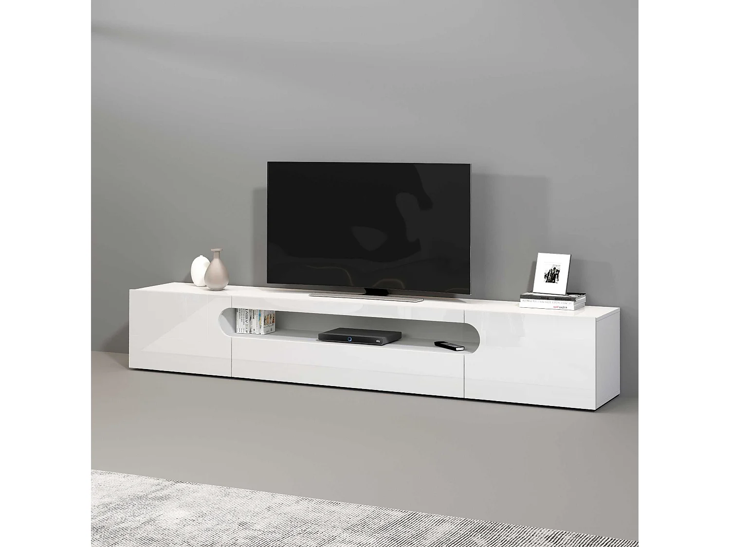 Mobile porta tv Real a 2 ante 1 ribalta e 1 vano aperto bianco lucido 240x40x40 cm