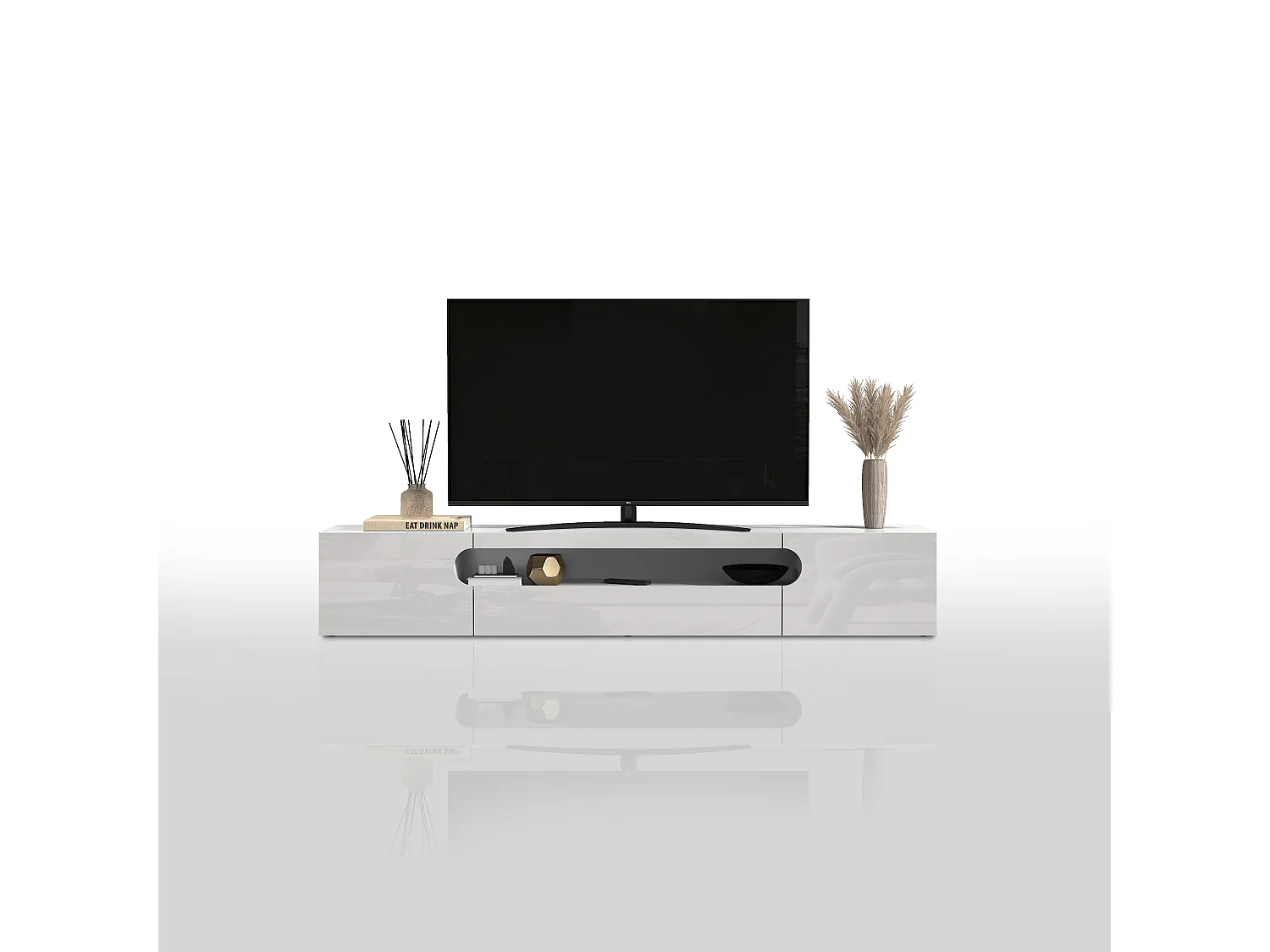 Mueble TV Real con 2 puertas, 1 puerta abatible y 1 compartimento abierto, blanco brillo, 240 x 40 x 40 cm