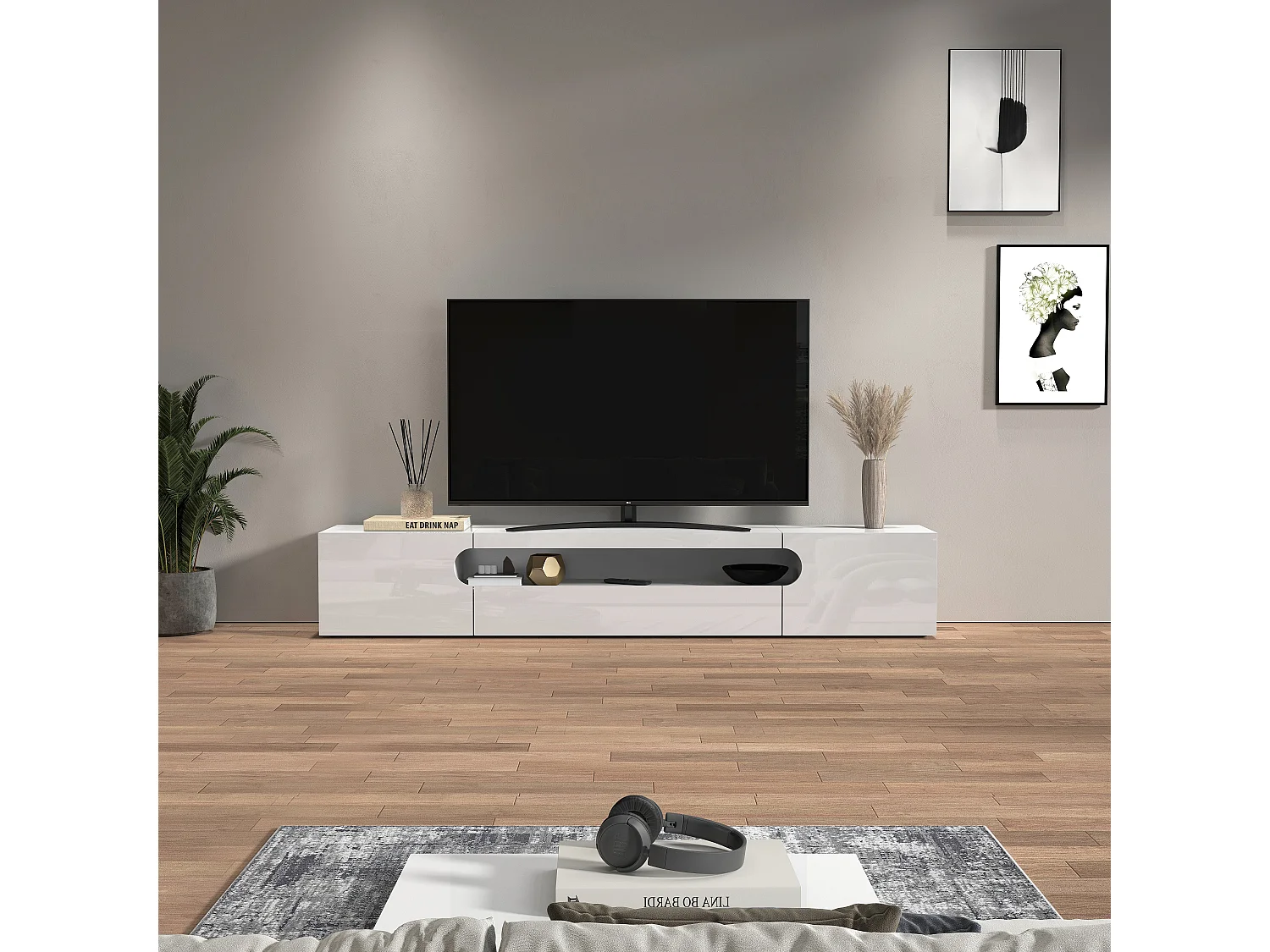 Mueble TV Real con 2 puertas, 1 puerta abatible y 1 compartimento abierto, blanco brillo, 240 x 40 x 40 cm