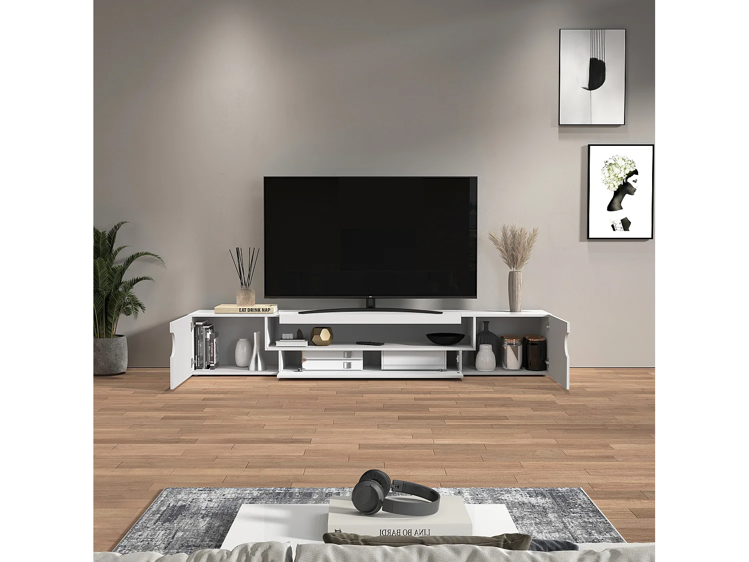 Mueble TV Real con 2 puertas, 1 puerta abatible y 1 compartimento abierto, blanco brillo, 240 x 40 x 40 cm