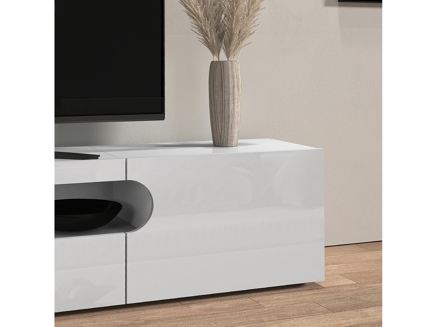 Mueble TV Real con 2 puertas, 1 puerta abatible y 1 compartimento abierto, blanco brillo, 240 x 40 x 40 cm