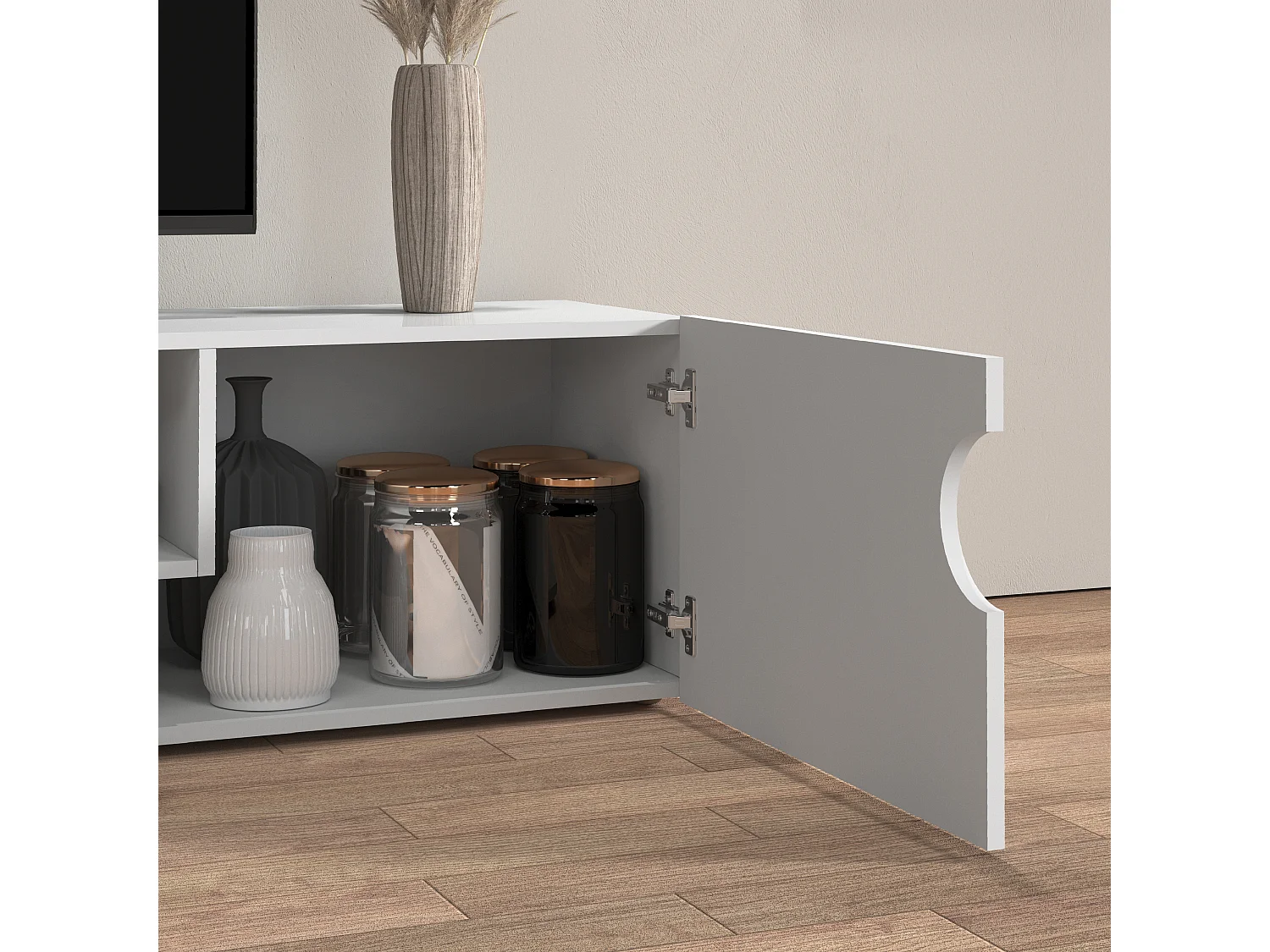Mueble TV Real con 2 puertas, 1 puerta abatible y 1 compartimento abierto, blanco brillo, 240 x 40 x 40 cm