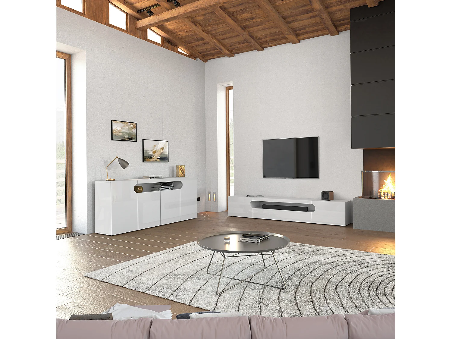 Mueble TV Real con 2 puertas, 1 puerta abatible y 1 compartimento abierto, blanco brillo, 240 x 40 x 40 cm