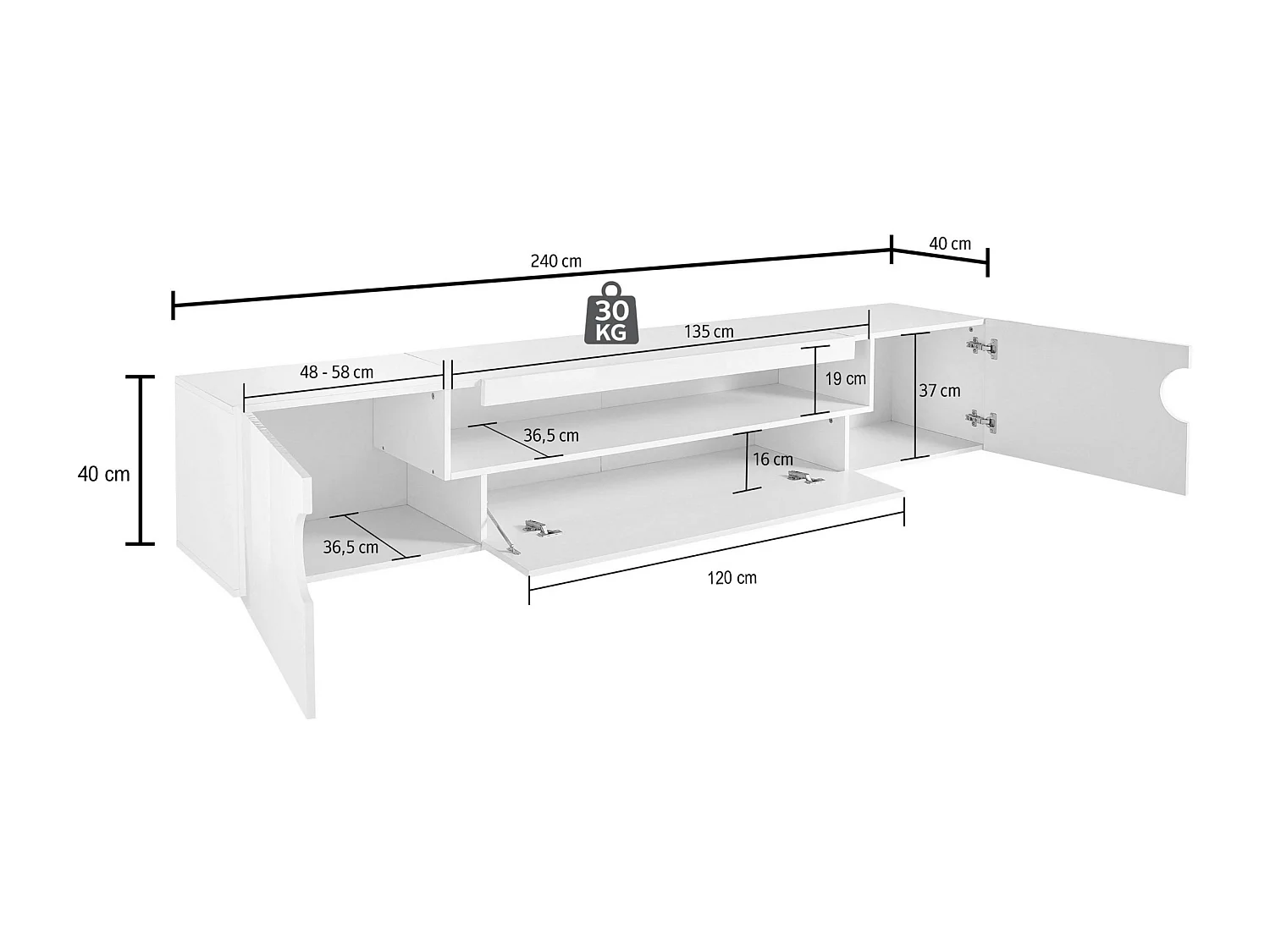 Mueble TV Real con 2 puertas, 1 puerta abatible y 1 compartimento abierto, blanco brillo, 240 x 40 x 40 cm