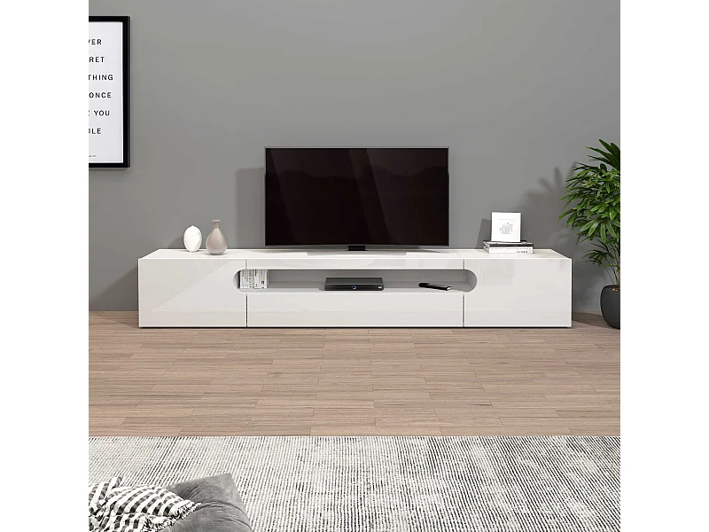 Mobile porta tv Real a 2 ante 1 ribalta e 1 vano aperto bianco lucido 240x40x40 cm