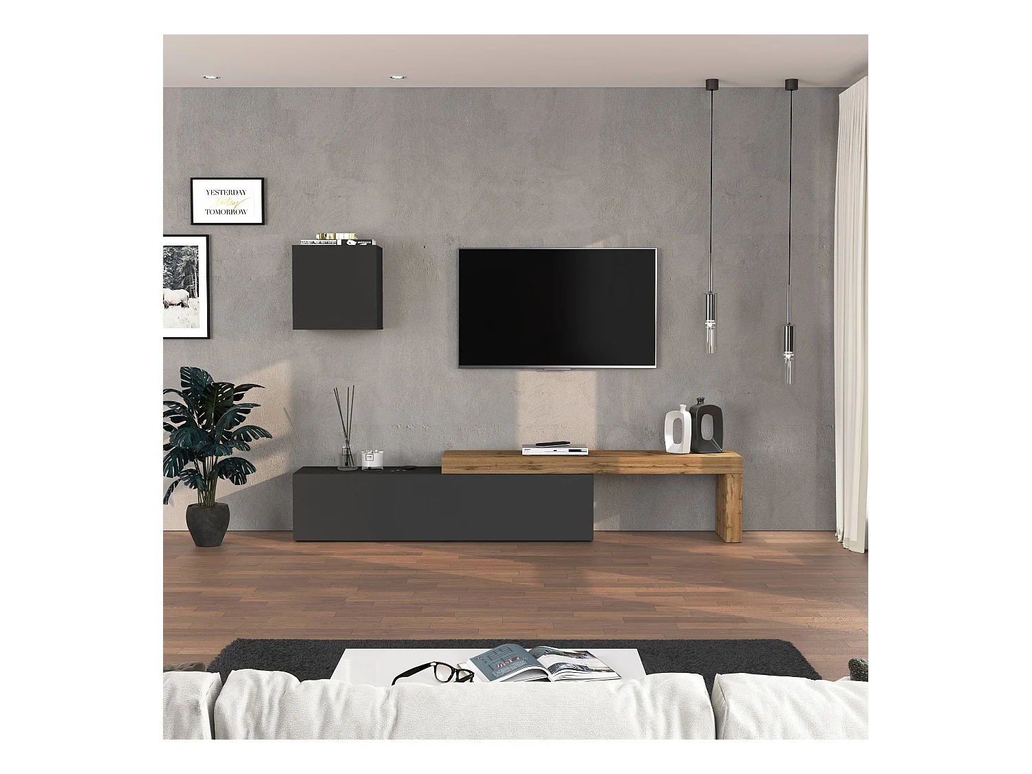 Parete attrezzata Chronos set soggiorno antracite opaco e rovere 190/350x40 cm