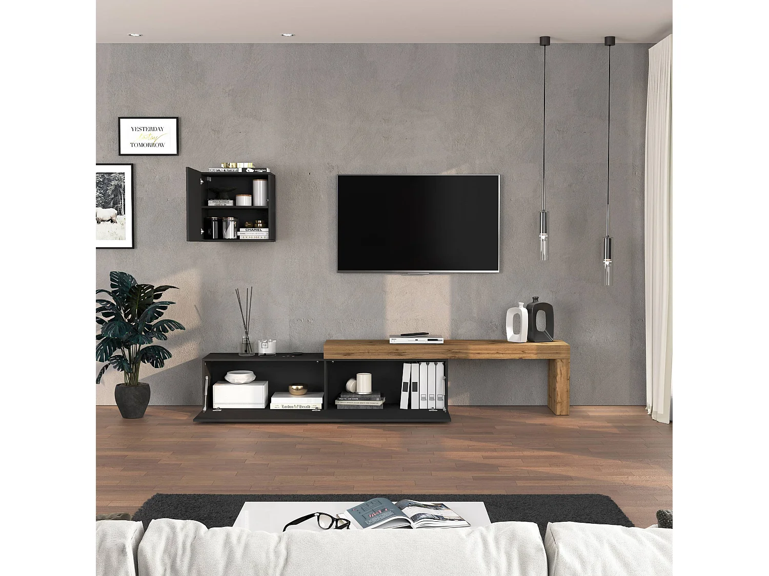 Parete attrezzata Chronos set soggiorno antracite opaco e rovere 190/350x40 cm