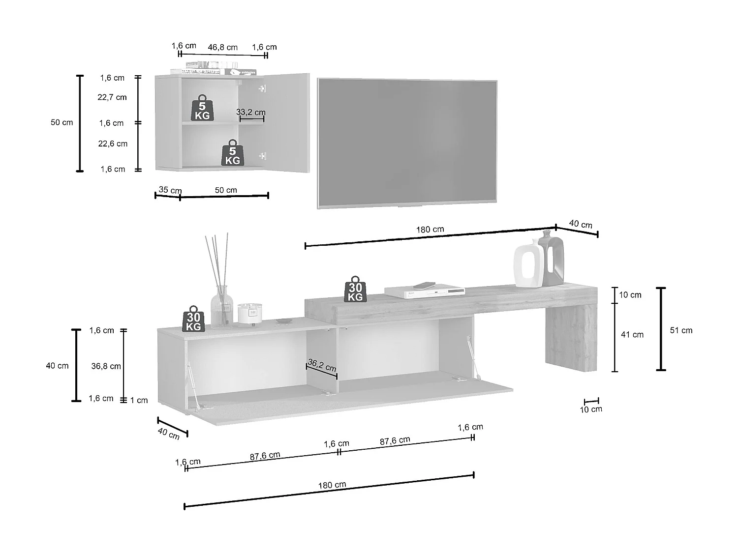 Parete attrezzata Chronos set soggiorno antracite opaco e rovere 190/350x40 cm