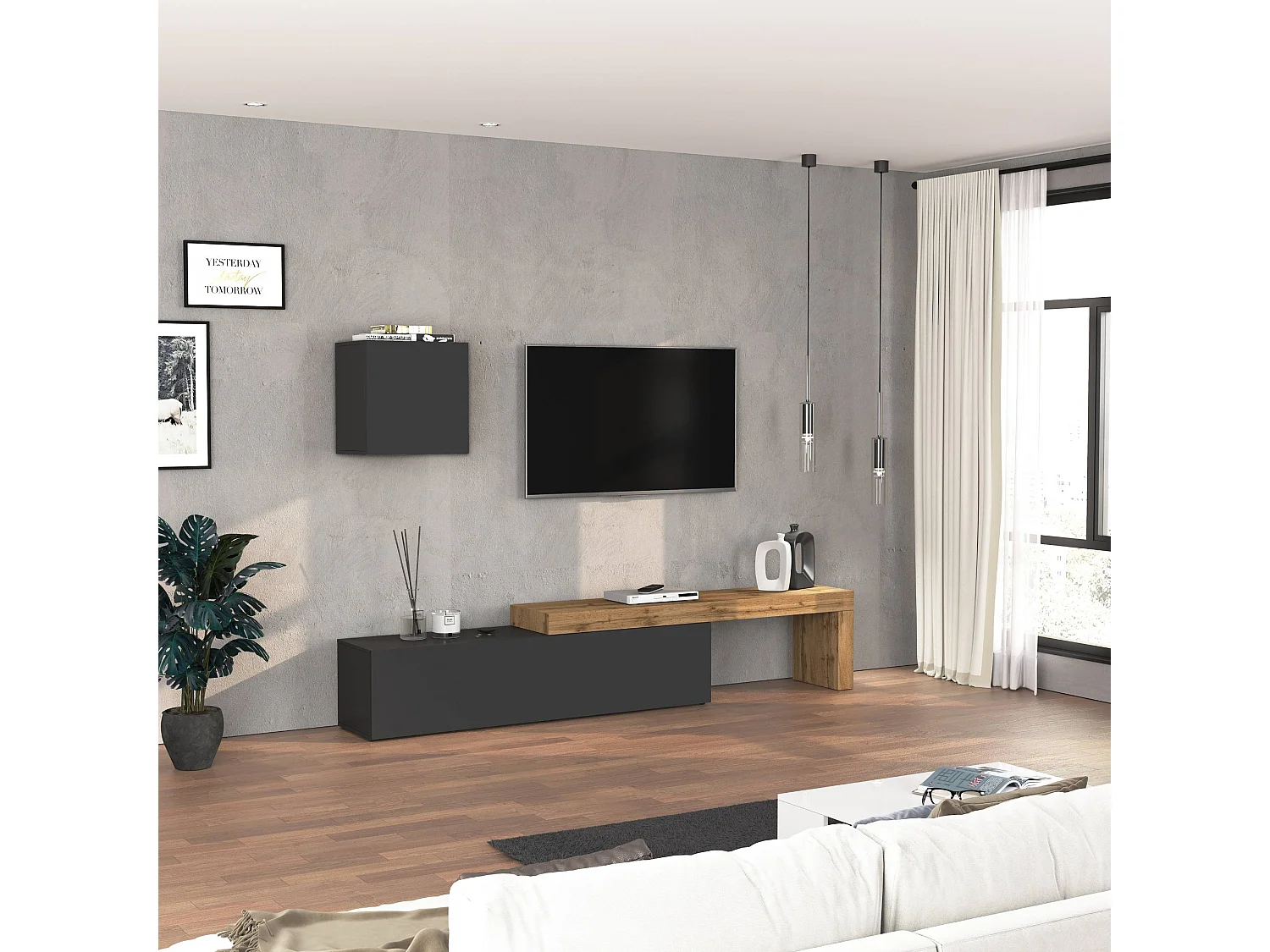 Parete attrezzata Chronos set soggiorno antracite opaco e rovere 190/350x40 cm