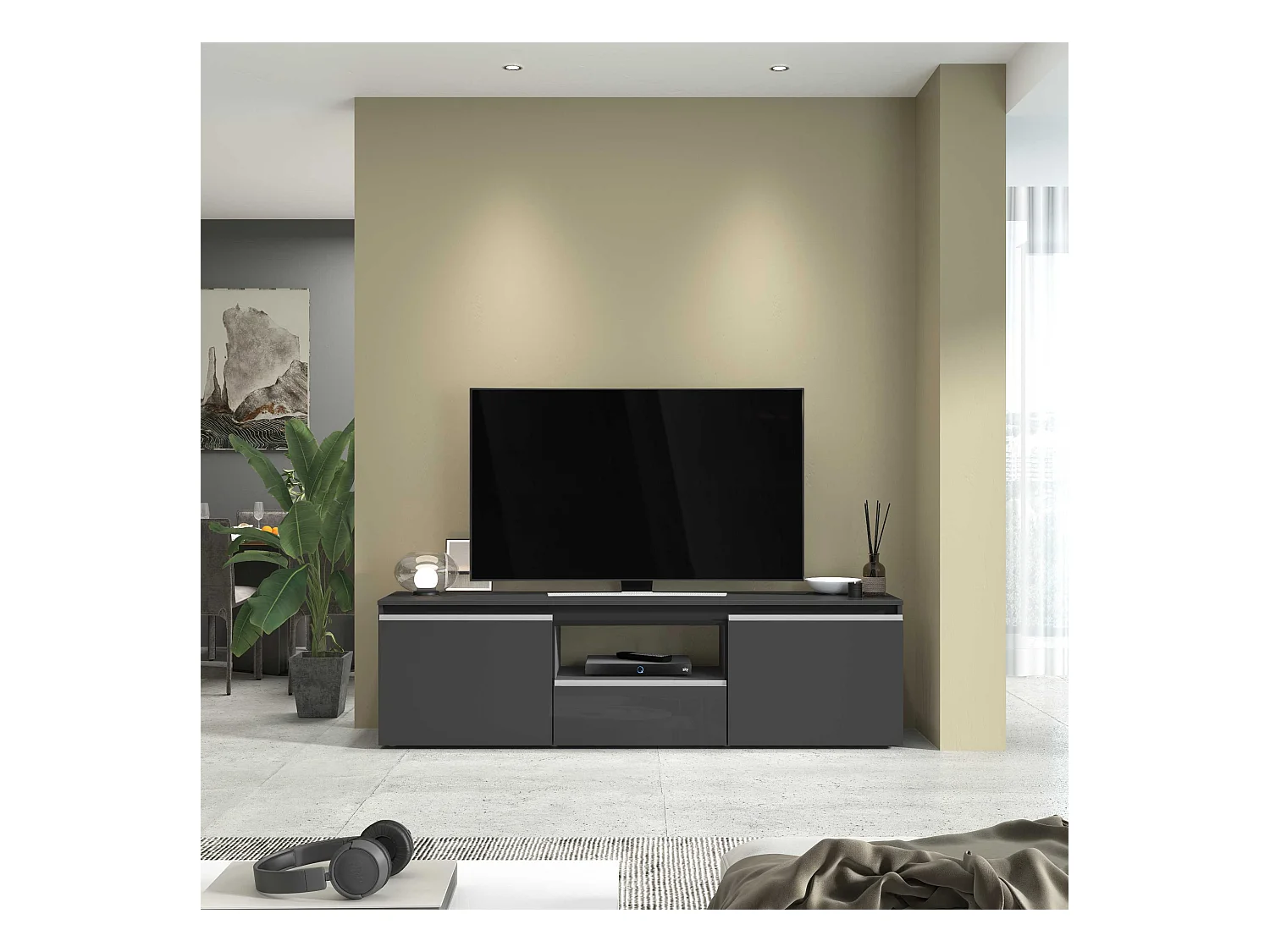 Mobile porta tv Magic a 2 ante e 1 cassetto antracite lucido 180x40x50 cm
